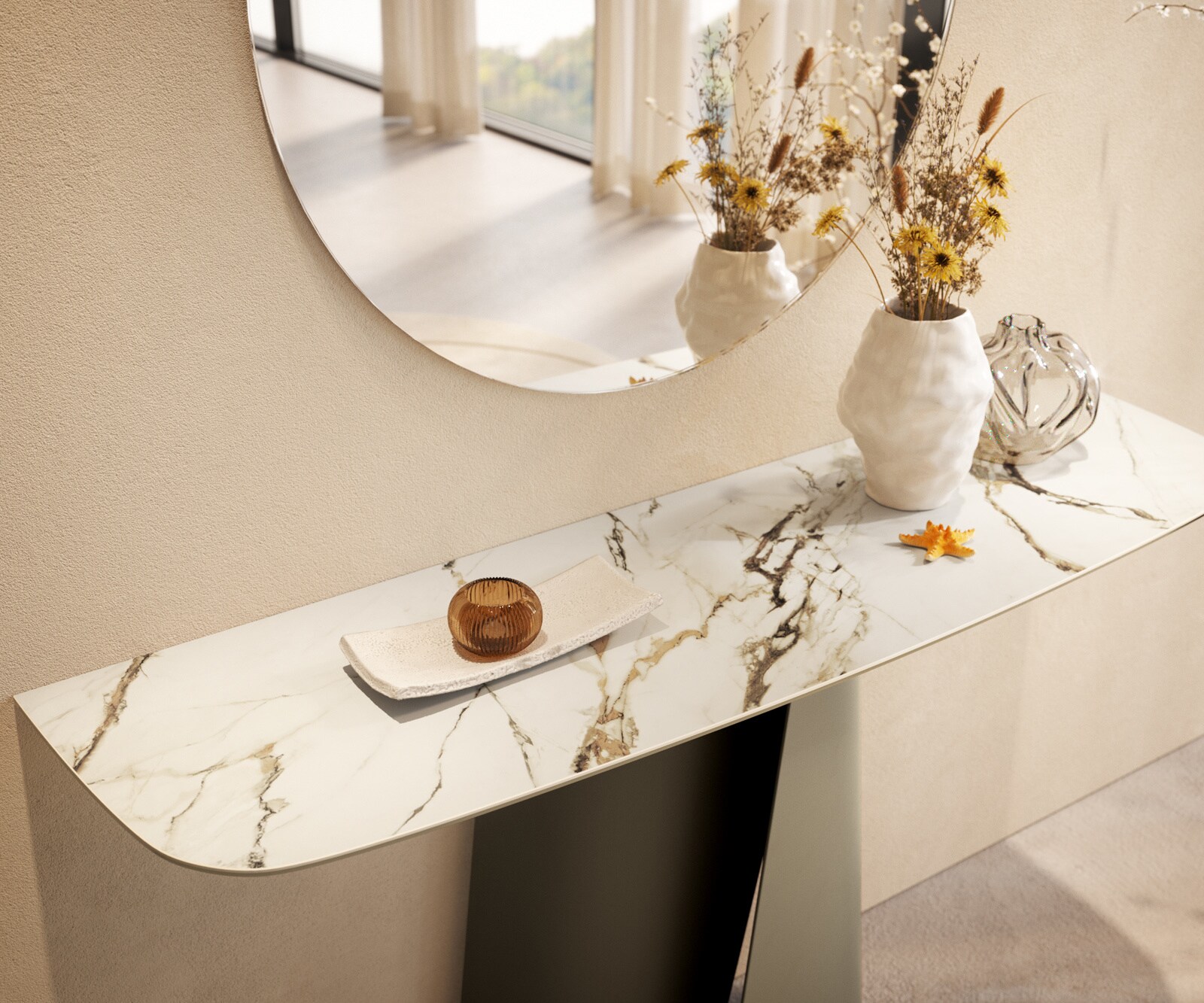 Consoletafel Edge Bootvorm 140x40 cm Keramiek Calacatta Luxe Weiß-Gold-Grijs Livos Metaal Effektfinish Titan 6