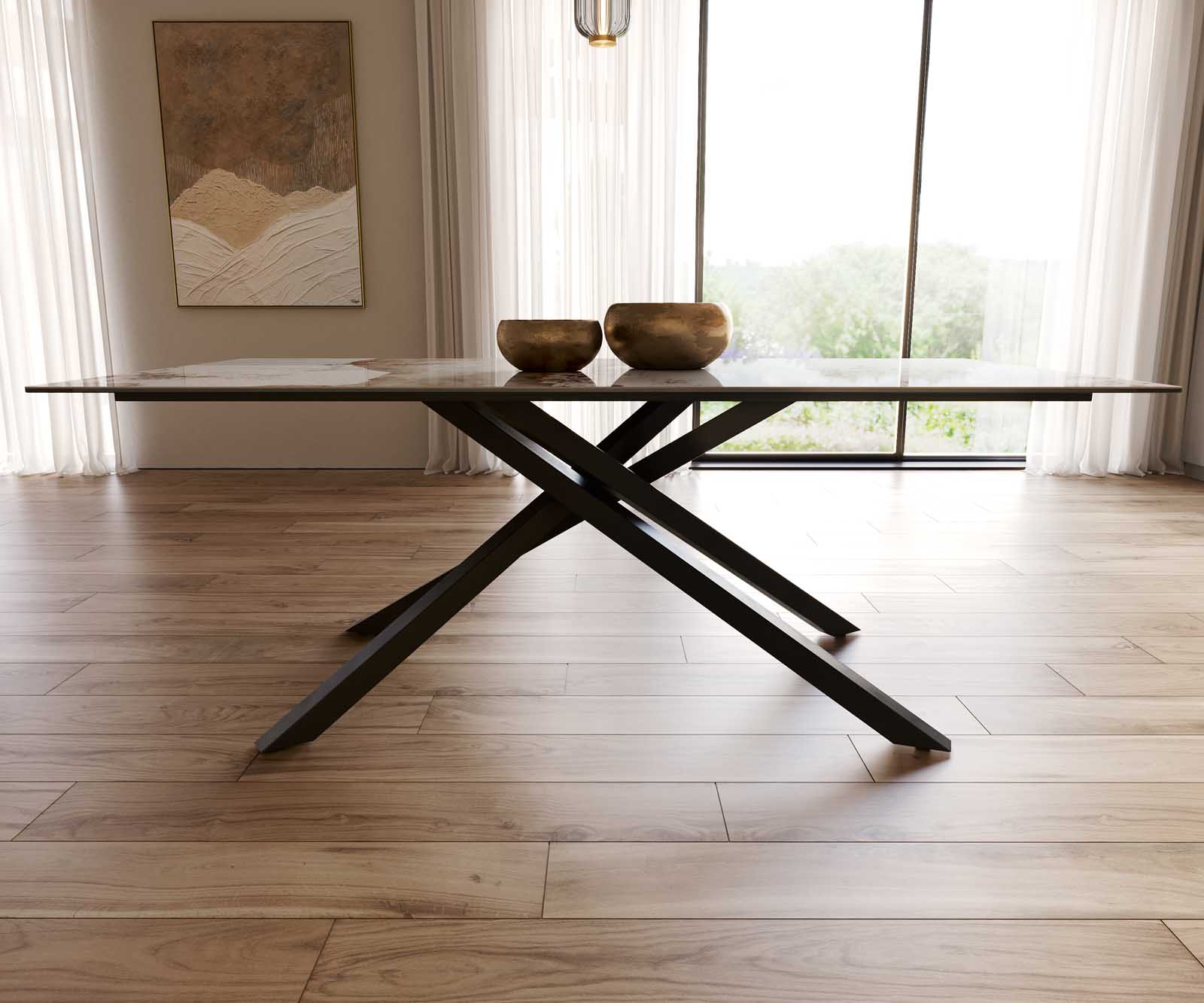 Eetkamertafel Edge 200x100 keramiek Minas Melange wit-beige kruisframe rechthoek zwart 8