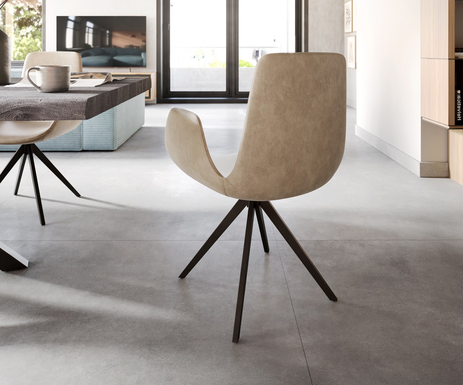 Eetkamerstoel Ilia-Flex met armleuning microvelours beige vintage kruisframe hoekig zwart 4 Eetkamerstoel Ilia-Flex met armleuning microvelours beige vintage kruisframe hoekig zwart 4