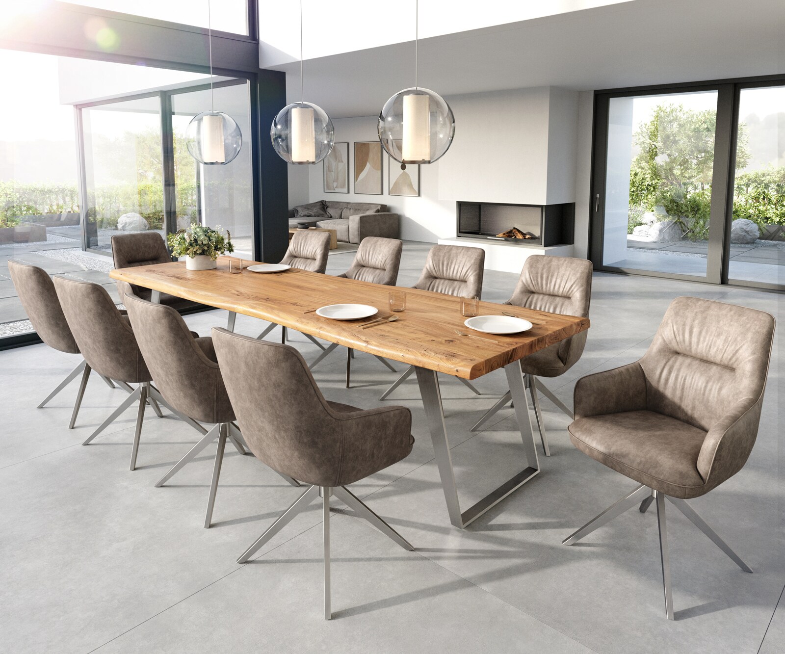 Eetkamerstoel Zelia-Flex met armleuning microvelours taupe vintage kruisframe breed roestvrij staal pocketveer kern 3
