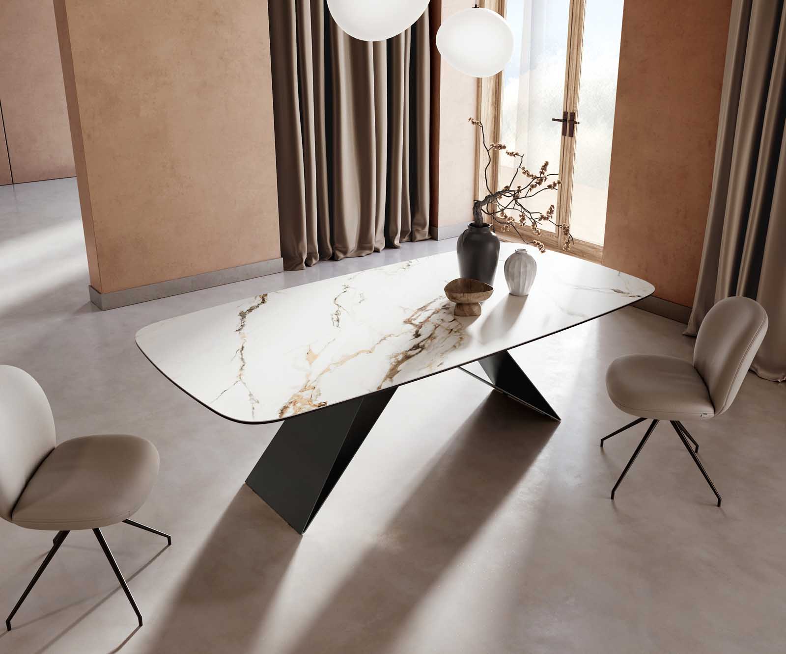 Eetkamertafel Edge Boot 240x120 keramiek Calacatta Luxe wit-goud-grijs V-frame vlak staal zwart 4