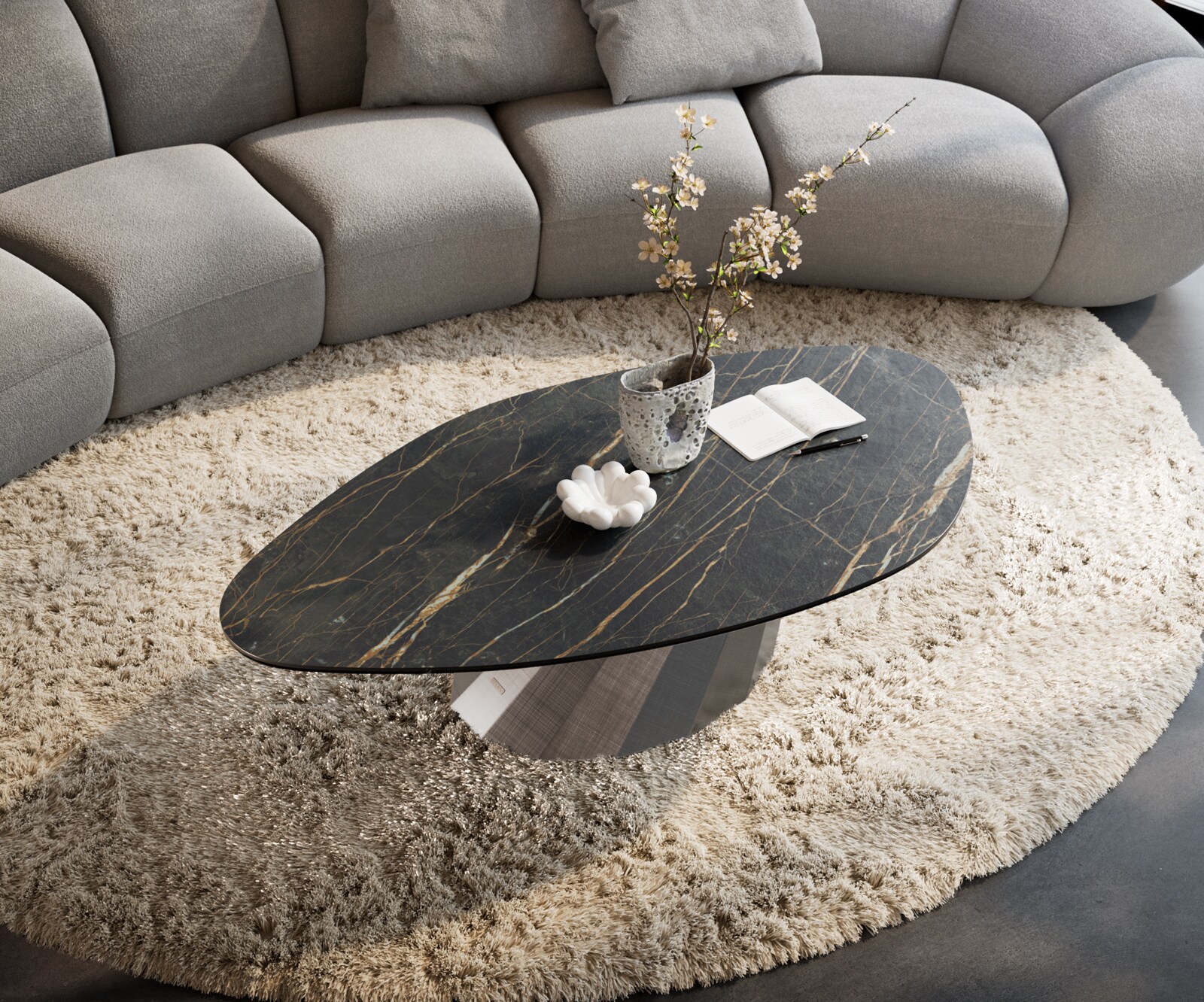 Salontafel Edge Organisch 140x76 cm keramiek Laminam® Noir Desir bruin Parabi metallic zilver 4