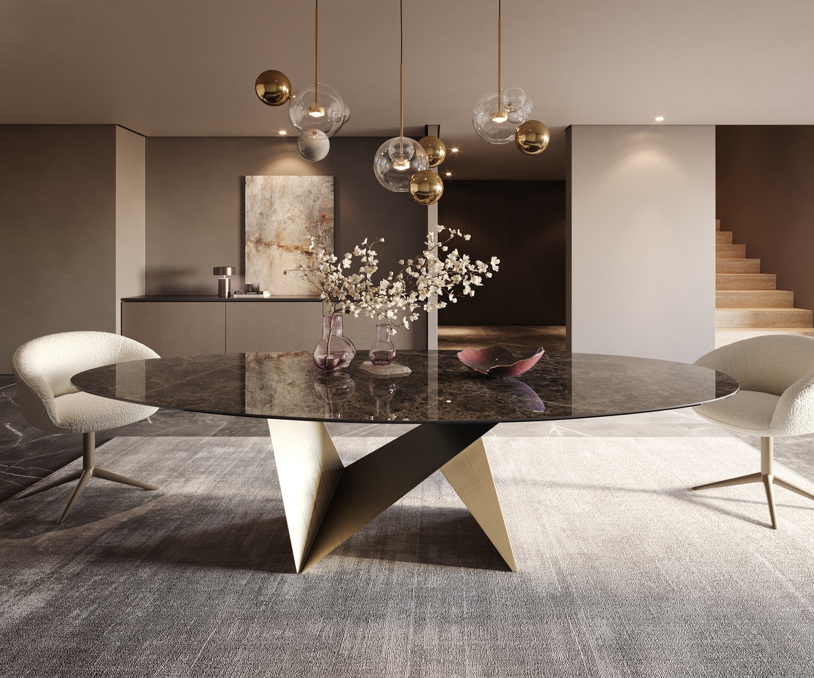 Eettafel Edge Oval 280x130 keramiek  Laminam® Emperador Extra Lucidato donkerbruin Origami metaal goud 2