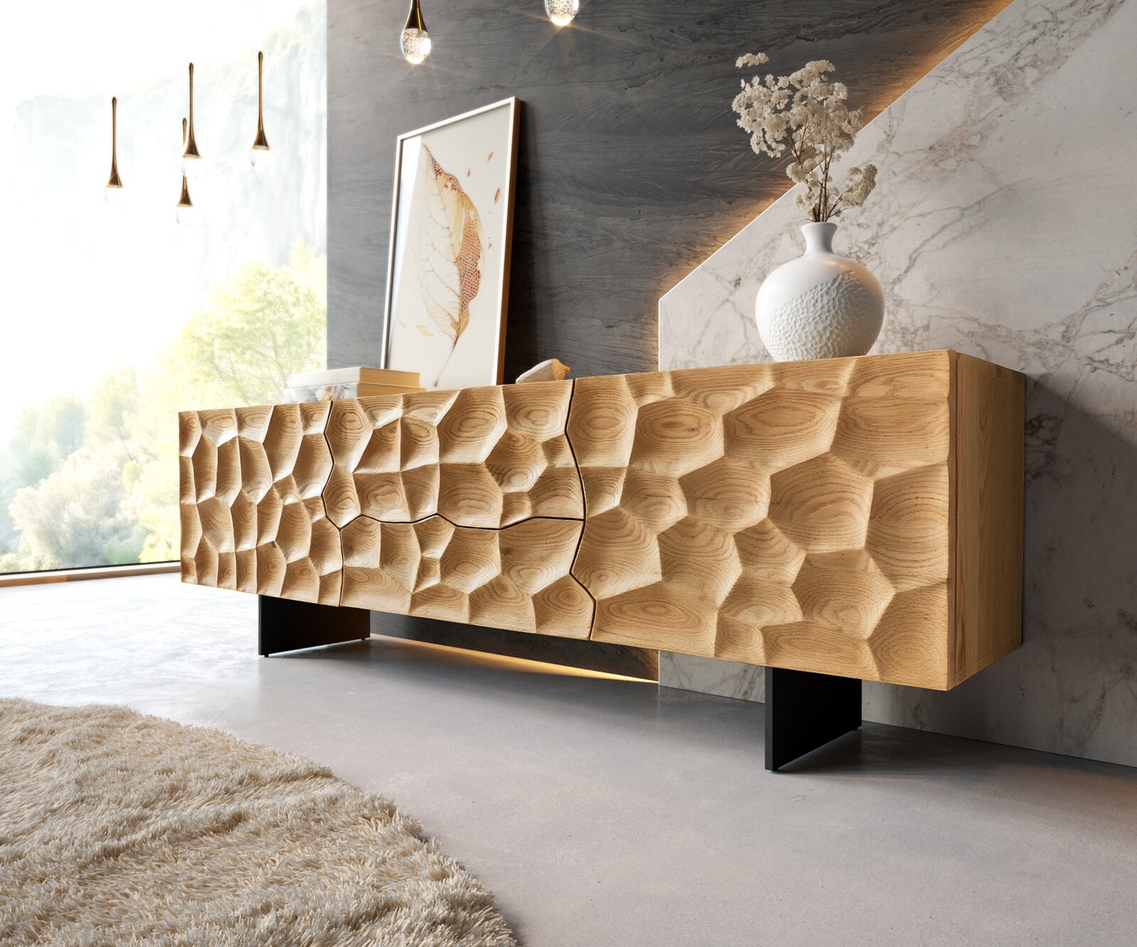 Tv-meubel Solu 175 cm natuur eiken 2 deuren 2 laden onderstel zwevend metaal zwart 3D-front