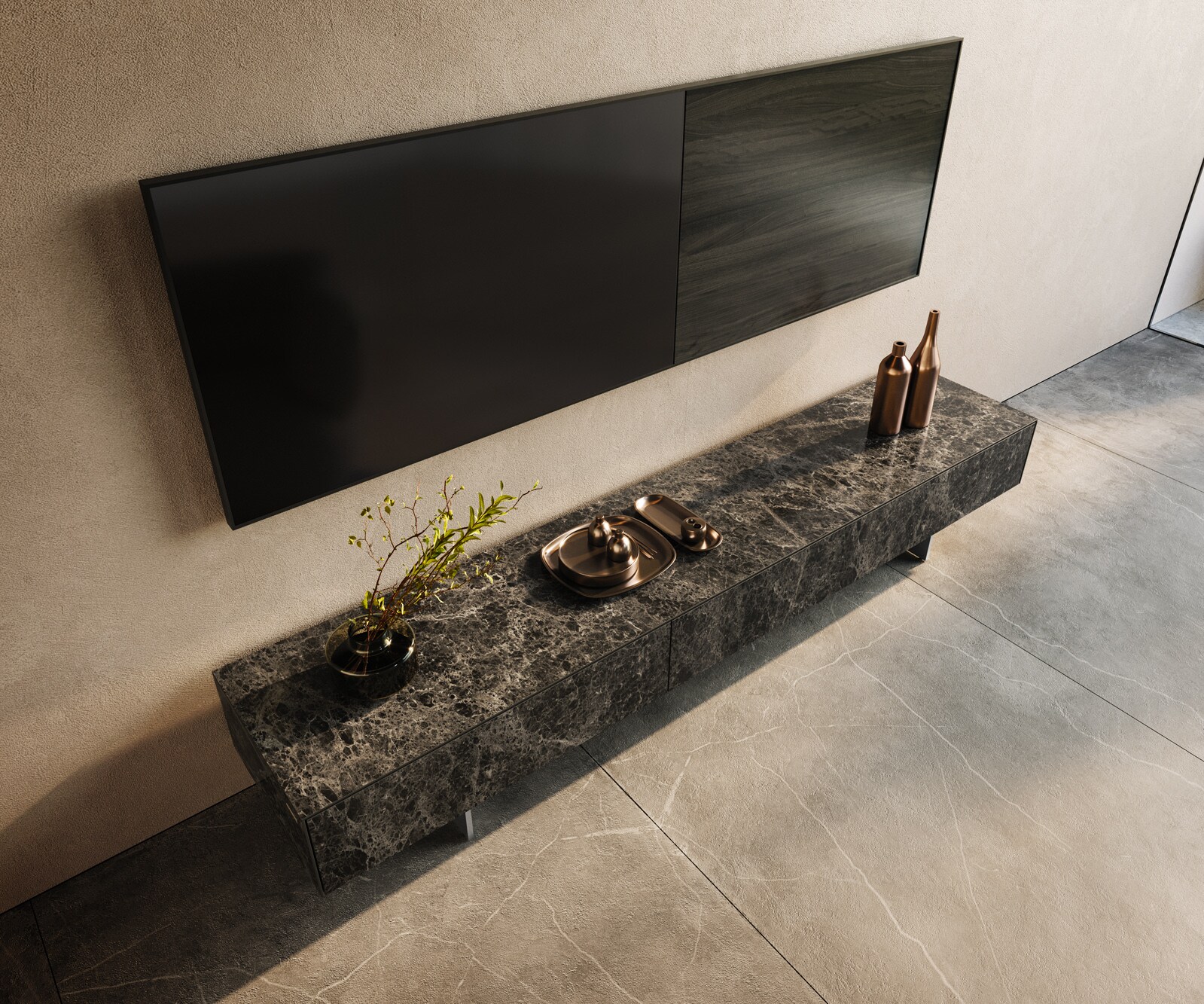 Tv-meubel Cuor 200 cm Keramiek Emperador Extra Lucidato Donkerbruin 1 Flap 1 Lade Zwevende voet look Roestvrij staal 3