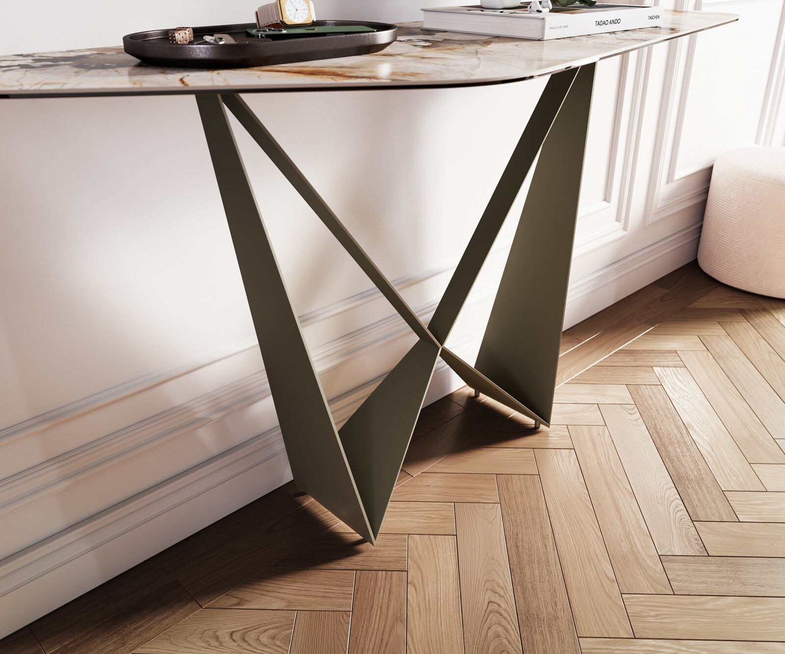 Consoletafel Edge Polygonaal 140x50 cm Keramiek Patagonia Poliert Spios Metaal Effektfinish Titan 6