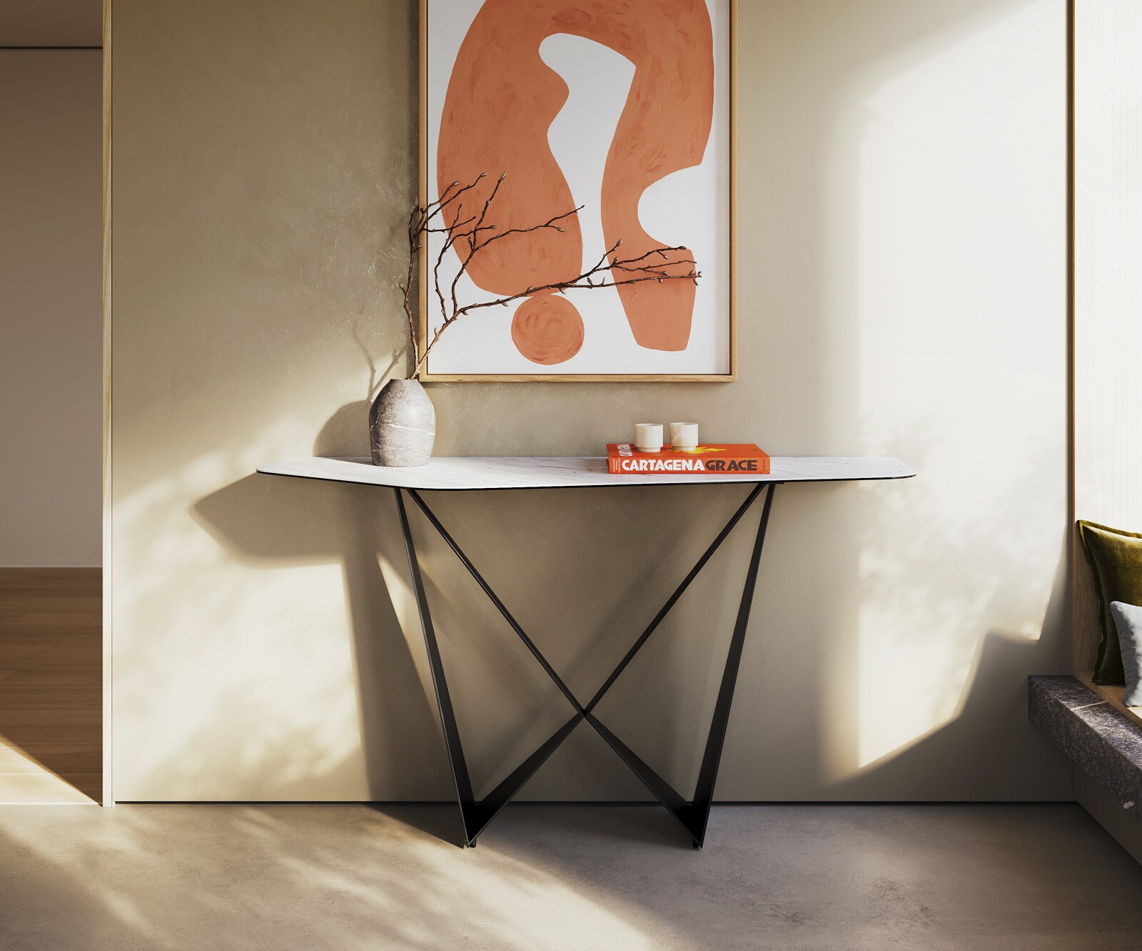 Consoletafel Edge Polygonaal 140x50 cm Keramiek Laminam® Statuarietto Weiß Spios Metaal Zwart 1