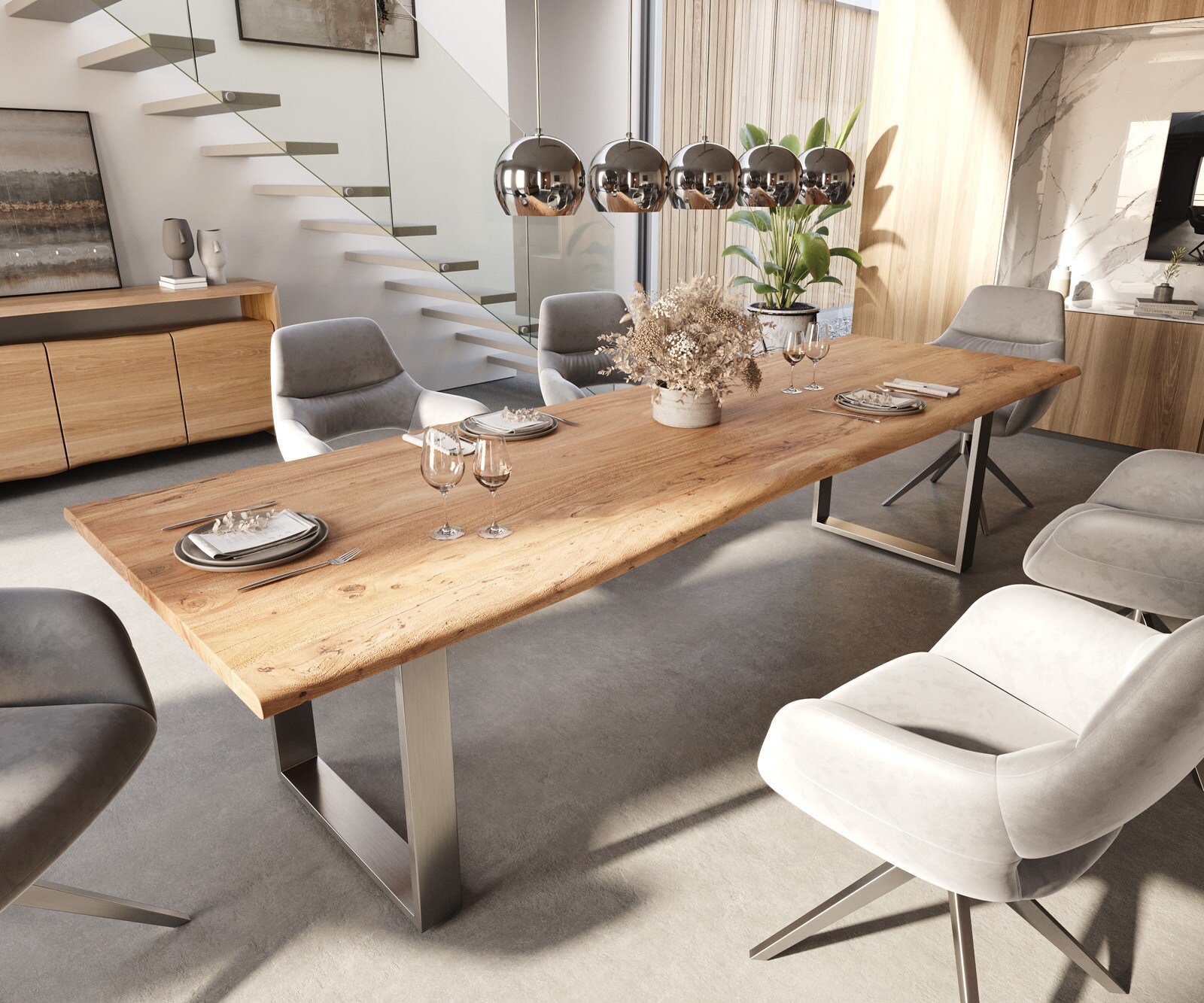 Eettafel Edge 300x100 acacia natuur roestvrijstaal smal Live-Edge