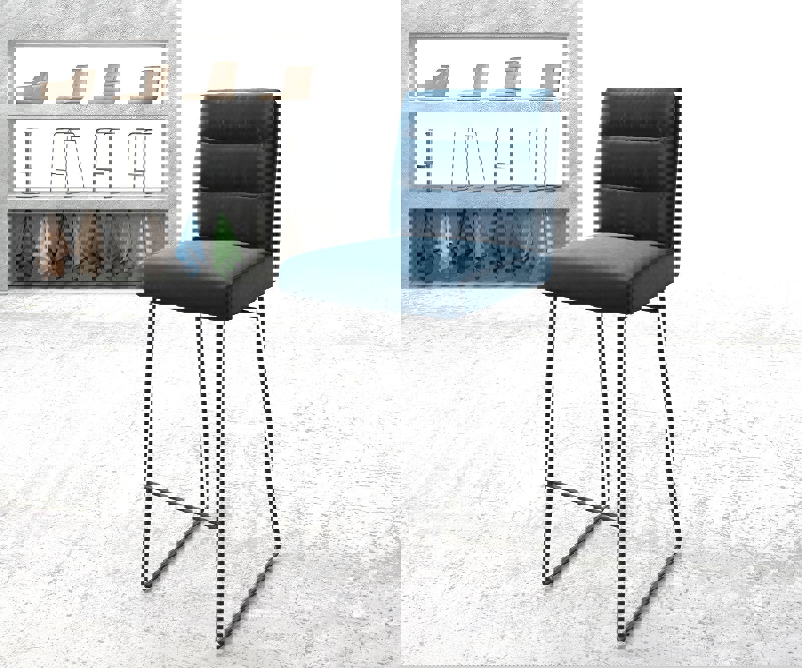 Barstoel Pela-Flex fluweel blauw slipframe metaal Barstoel Pela-Flex fluweel blauw slipframe metaal