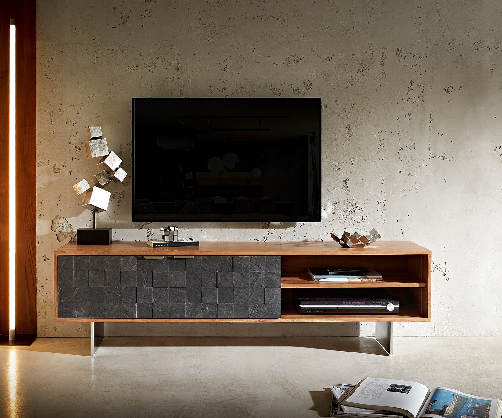 TV-meubel Teele 160 cm acacia natuur leisteen 2 deuren poot zwevend roestvrij staal 2