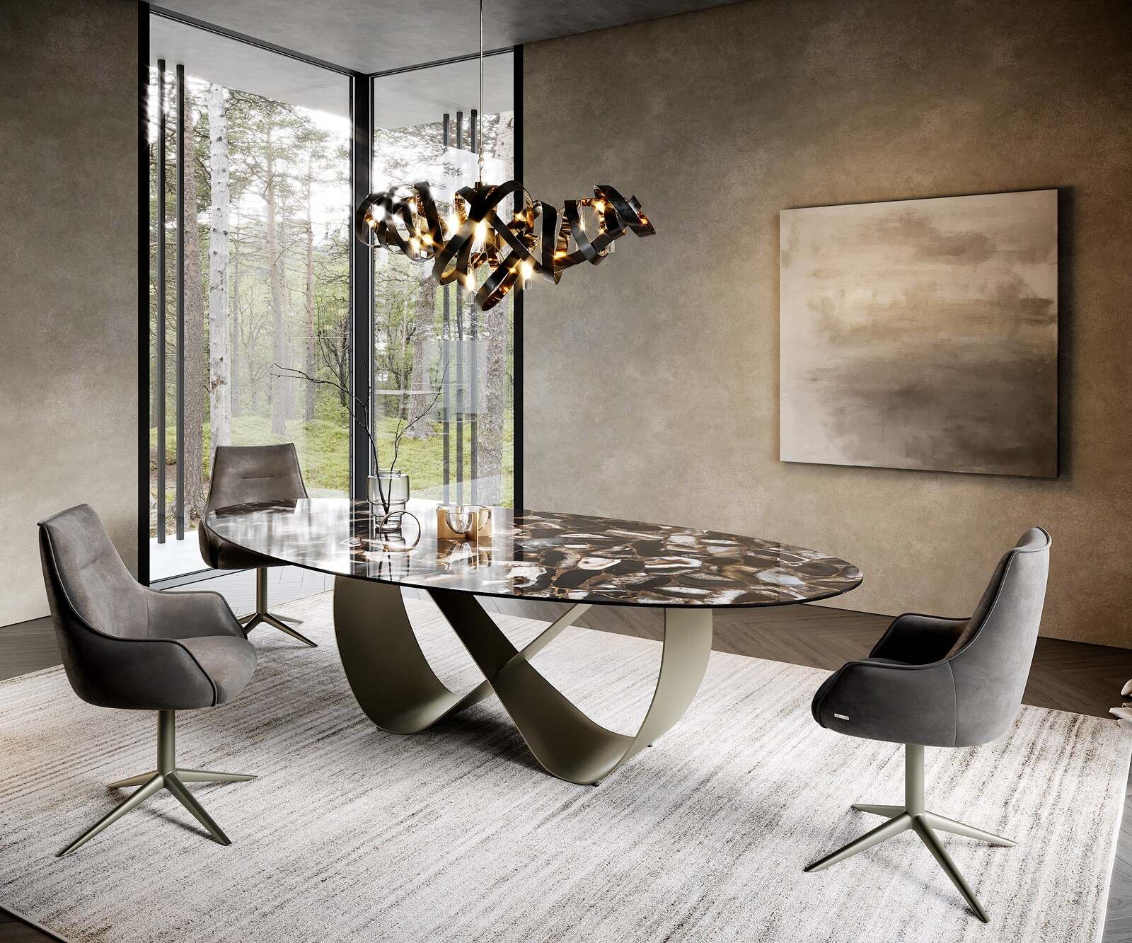 Eetkamertafel Edge Oval 280x130 cm Keramiek Iris FMG Agatablack Infinity Metaal Effectafwerking Titan 7
