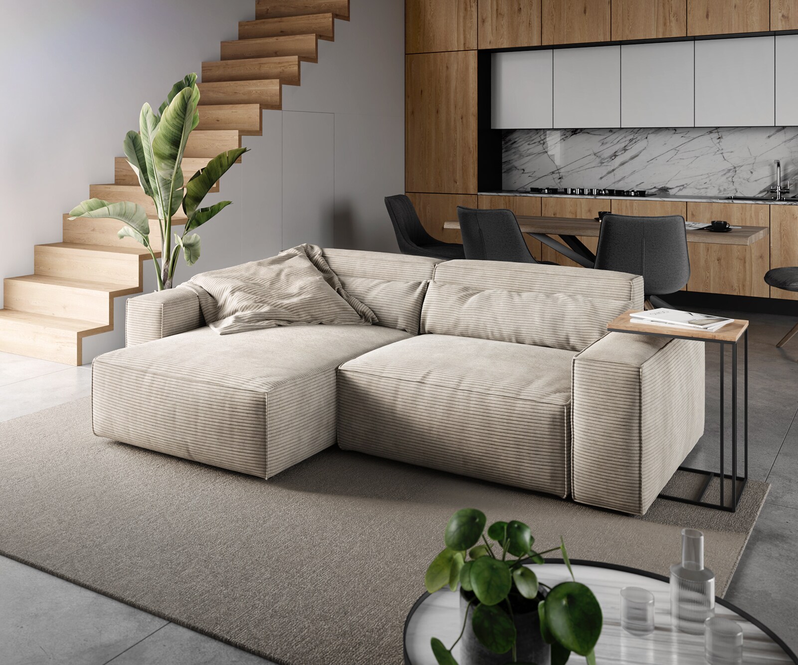 Hoekbank Sirpio 230x155 cm koord beige recamiere variabele