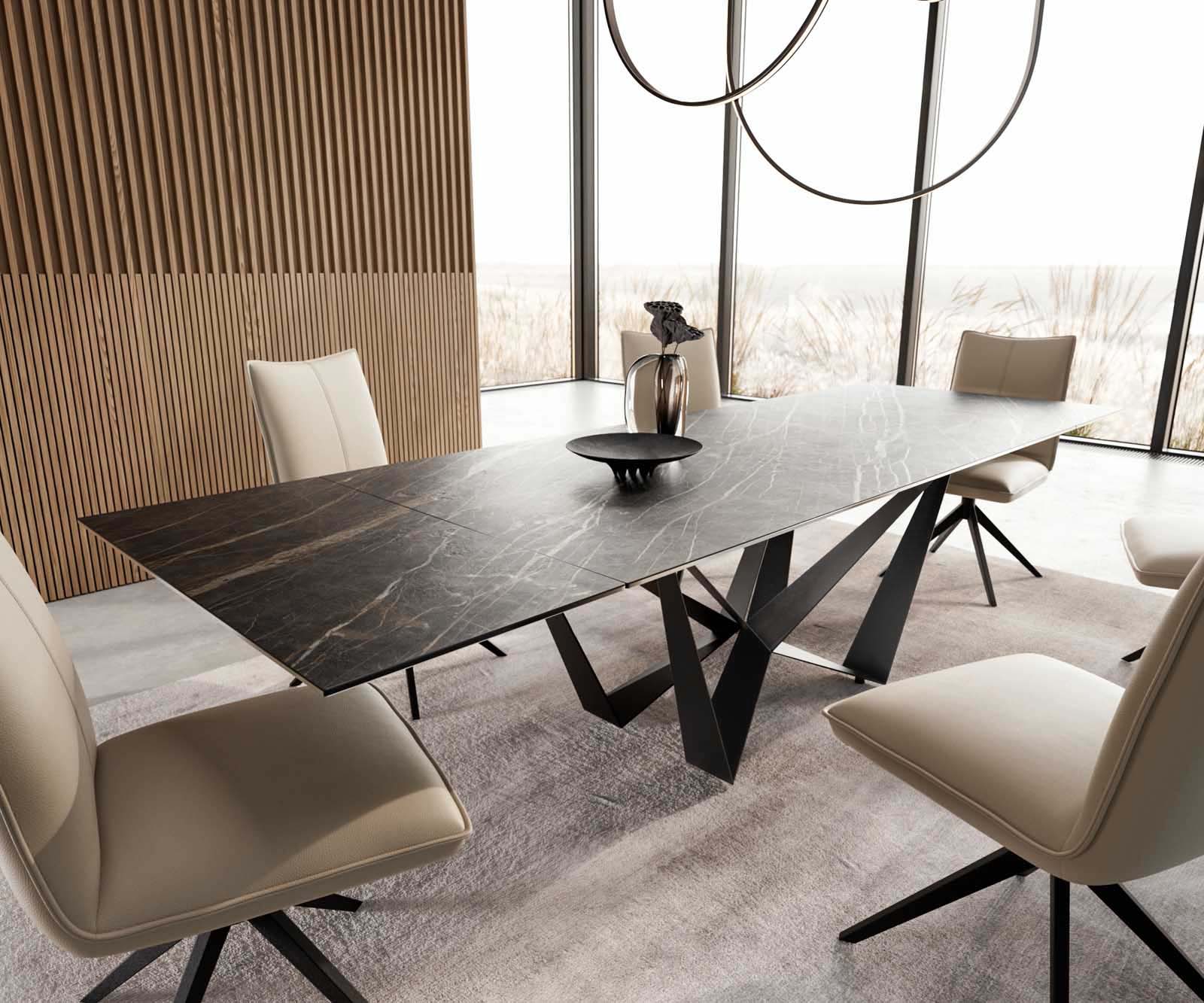 Eetkamertafel Edge 200-300x100 keramiek Laminam®Noir Desir bruin spider vlak staal zwart uitschuifbaar 1