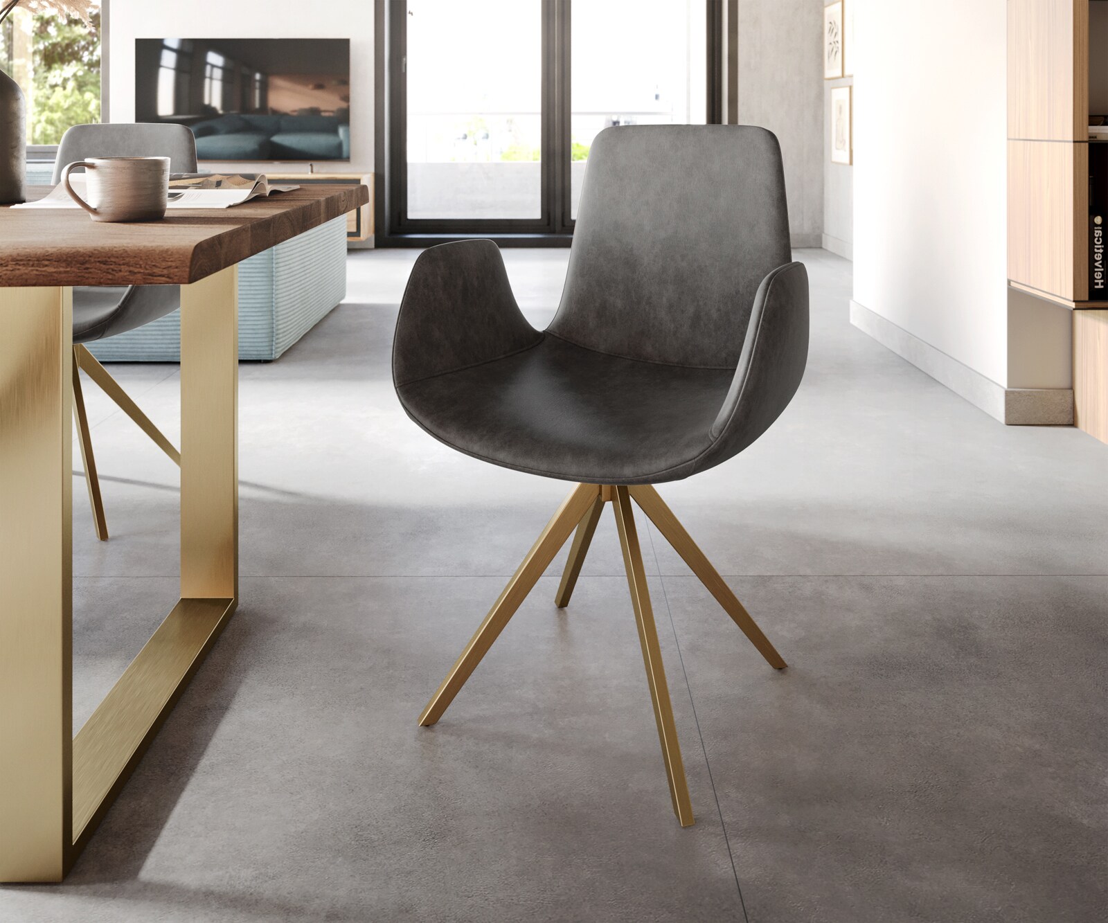 Draaistoel Ilia-Flex met armleuning microvelours antraciet vintage kruisframe hoekig goud 180° draaibaar