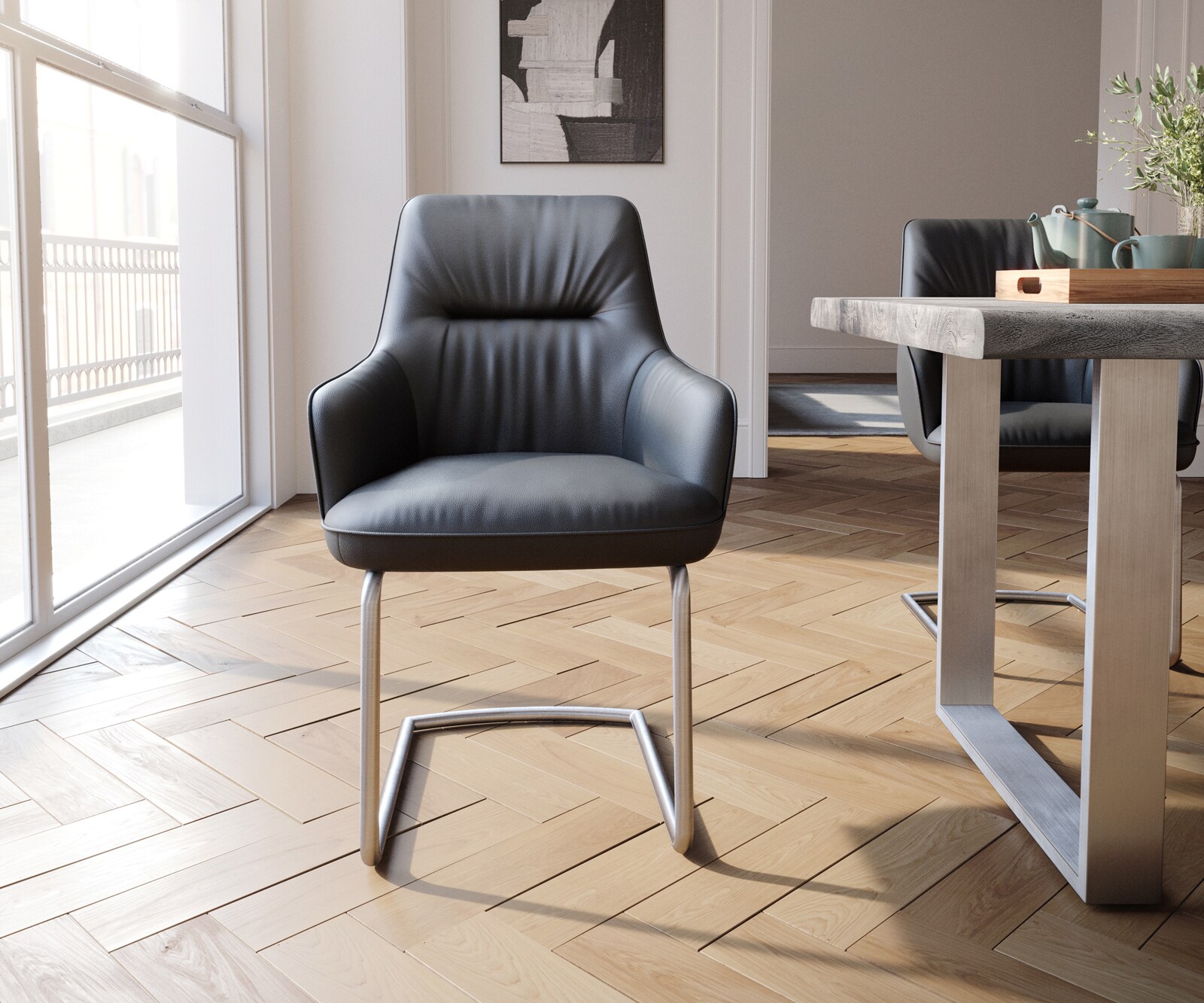 Sledemodel Zelia-Flex met armleuning echt leer zwart sledemodel rond roestvrij staal pocketveer kern 1 Sledemodel Zelia-Flex met armleuning echt leer zwart sledemodel rond roestvrij staal pocketveer kern 1