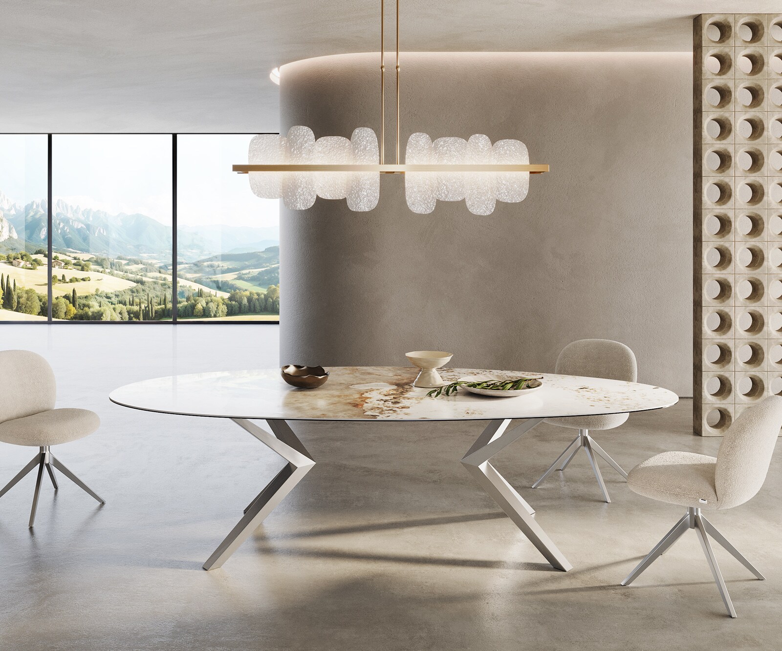 Eetkamertafel Edge ovaal 280x130 keramiek Minas Melange wit-Beige Zenthara hoekig roestvrij staal