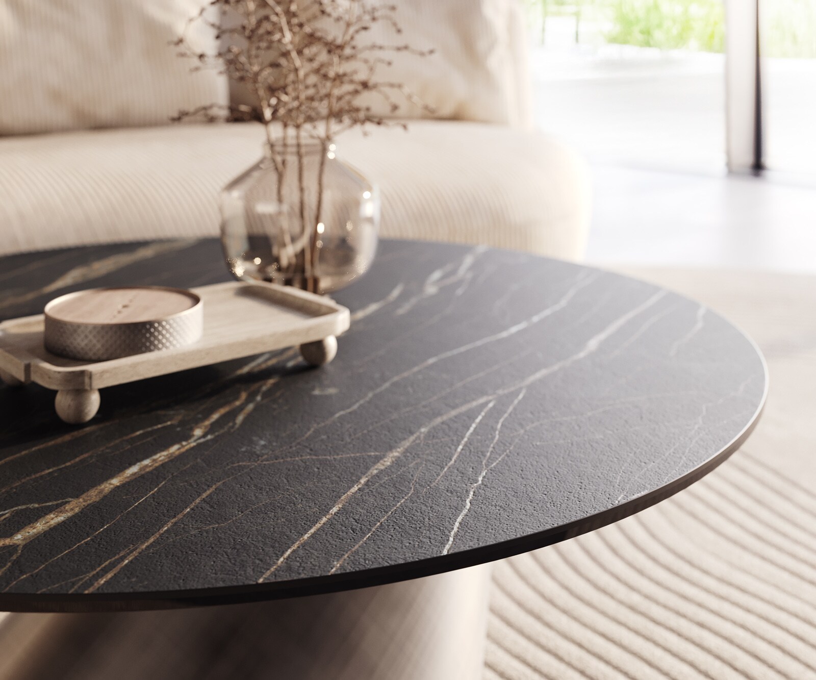 Salontafel Edge rond 100x100 cm keramiek Laminam® Noir Desir bruin Conis metallic zilver 4