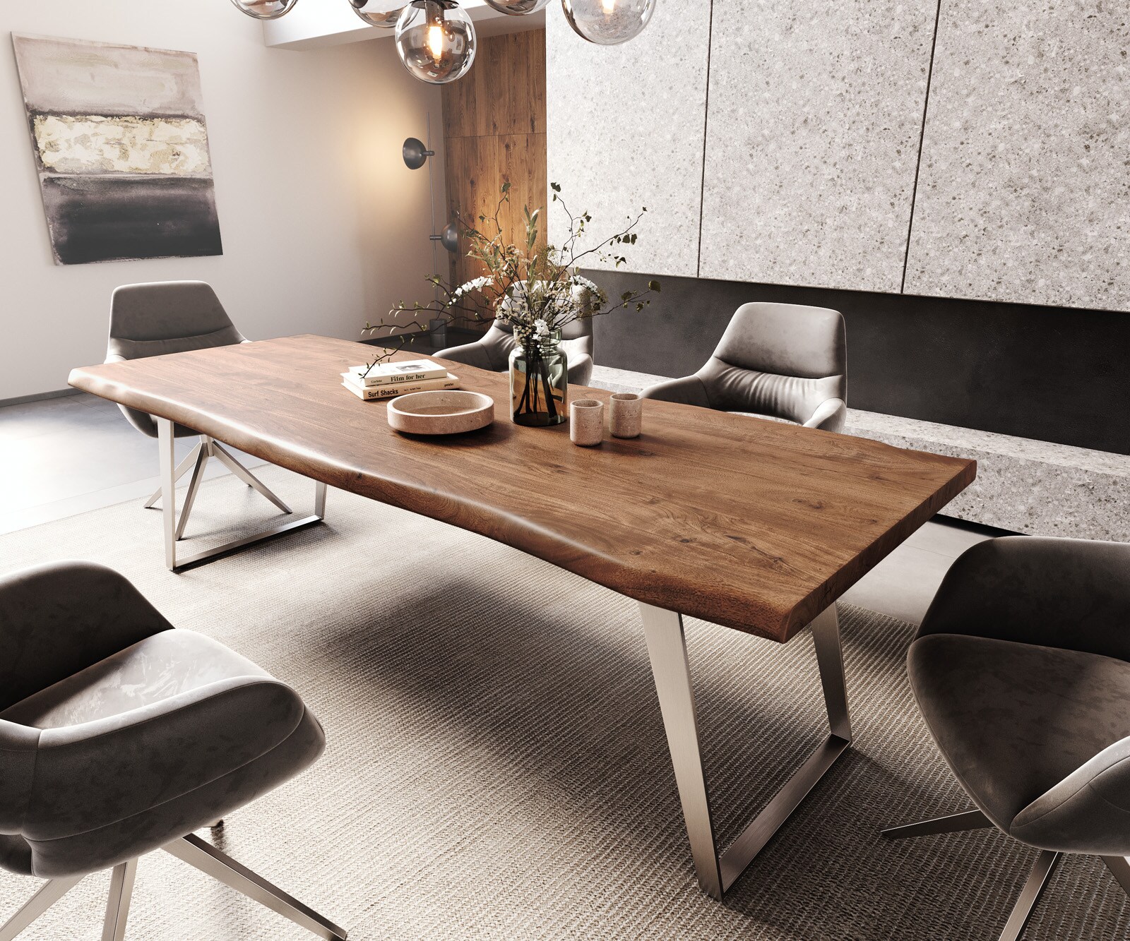Eettafel Edge 260x100cm XL acacia bruin roestvrijstaal zilver schuin Live-Edge 1