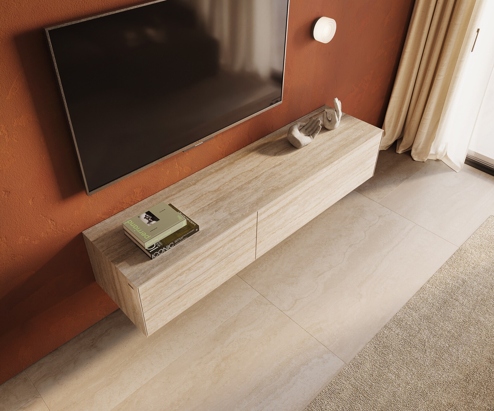 Tv-meubel Cuor 180 cm Keramiek Laminam® Travertino Bianco Crème-wit 1 Flap 2 Laden Zwevend 4