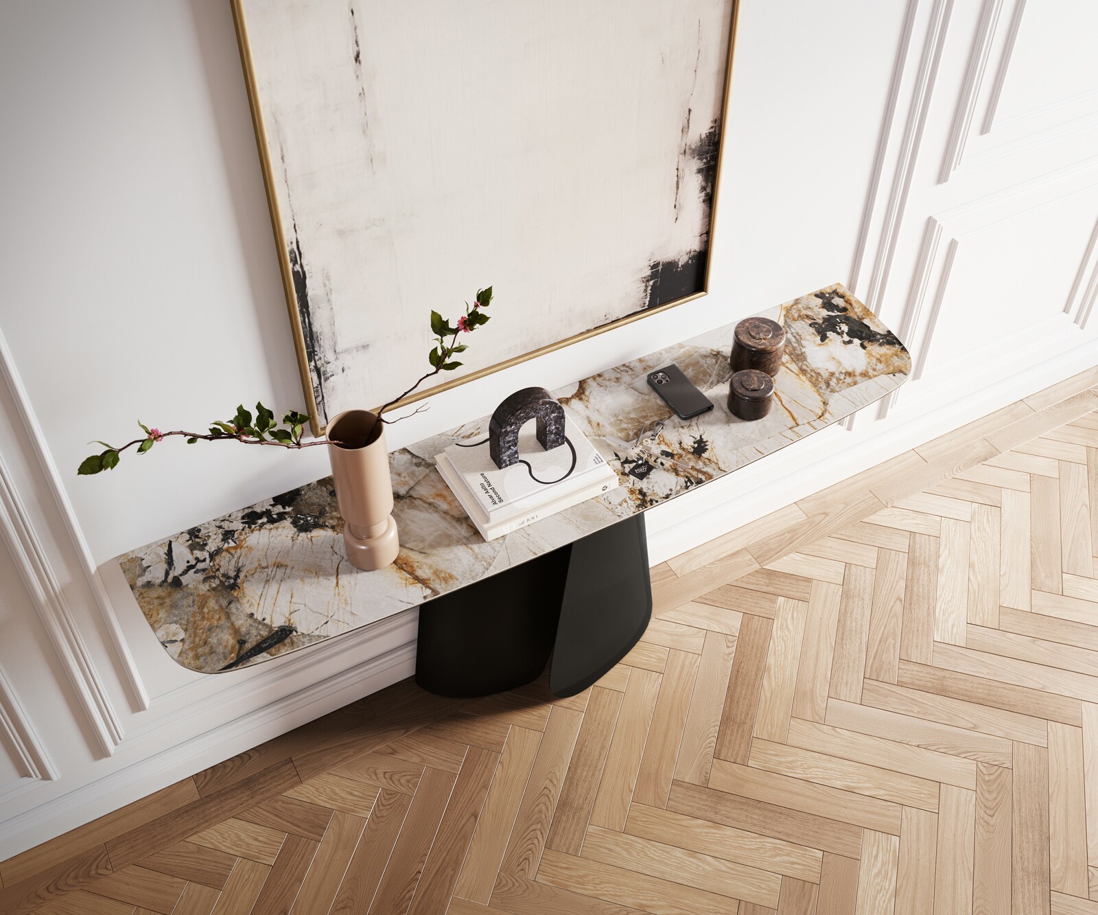 Consoletafel Edge Bootvorm 180x40 cm Keramiek Patagonia Poliert Livos Metaal Zwart 4
