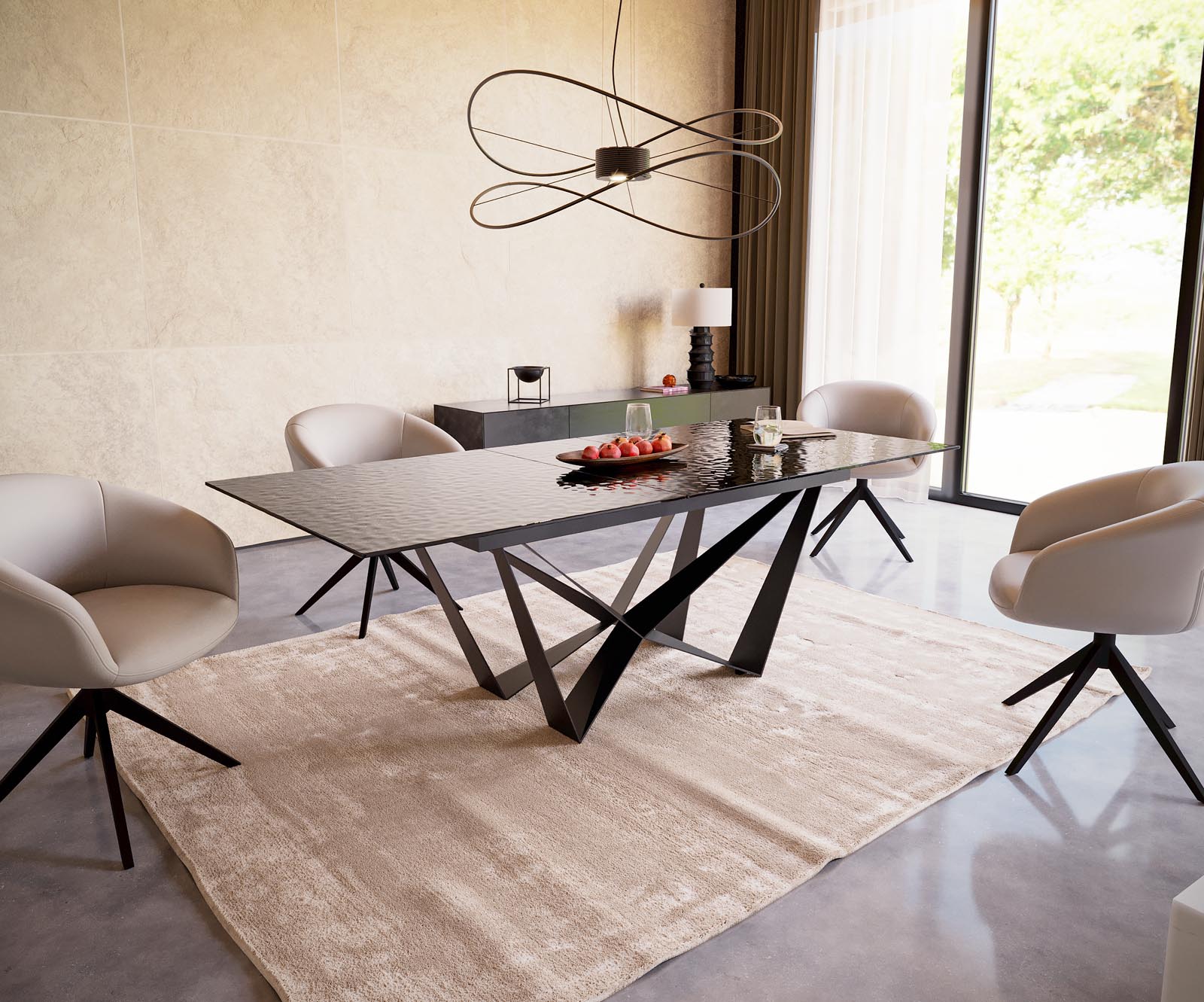 Eetkamertafel Edge 180-220x100 Glas smelten rokerig zwart 3D-Relief spider vlak staal zwart uitschuifbaar 5 Eetkamertafel Edge 180-220x100 Glas smelten rokerig zwart 3D-Relief spider vlak staal zwart uitschuifbaar 5