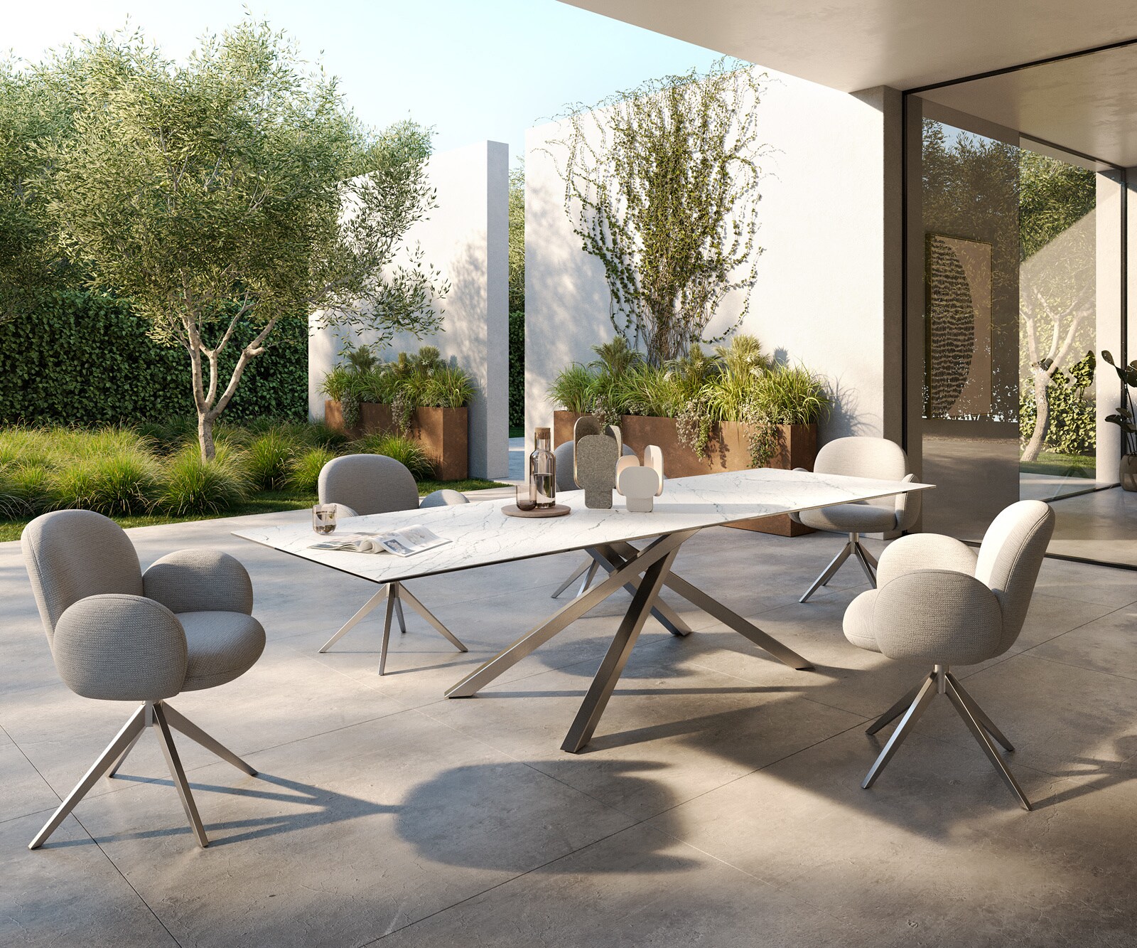 Outdoortafel Edge 300x100 cm keramiek Laminam® Statuarietto wit kruispoot rechthoekig roestvrij staal 5