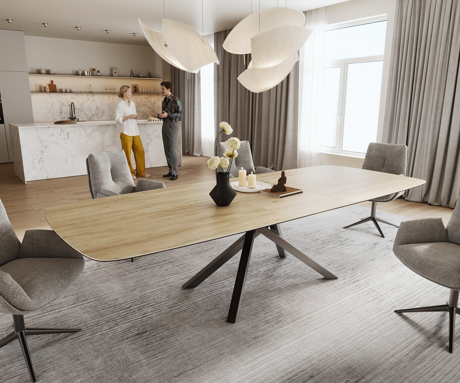 Eettafel Edge Boot 240-300x120 cm Keramiek Laminam® Sabbia Eichefarbig kruisonderstel Rechthoek Roestvrij staal Grafiet uitschuifbaar 1