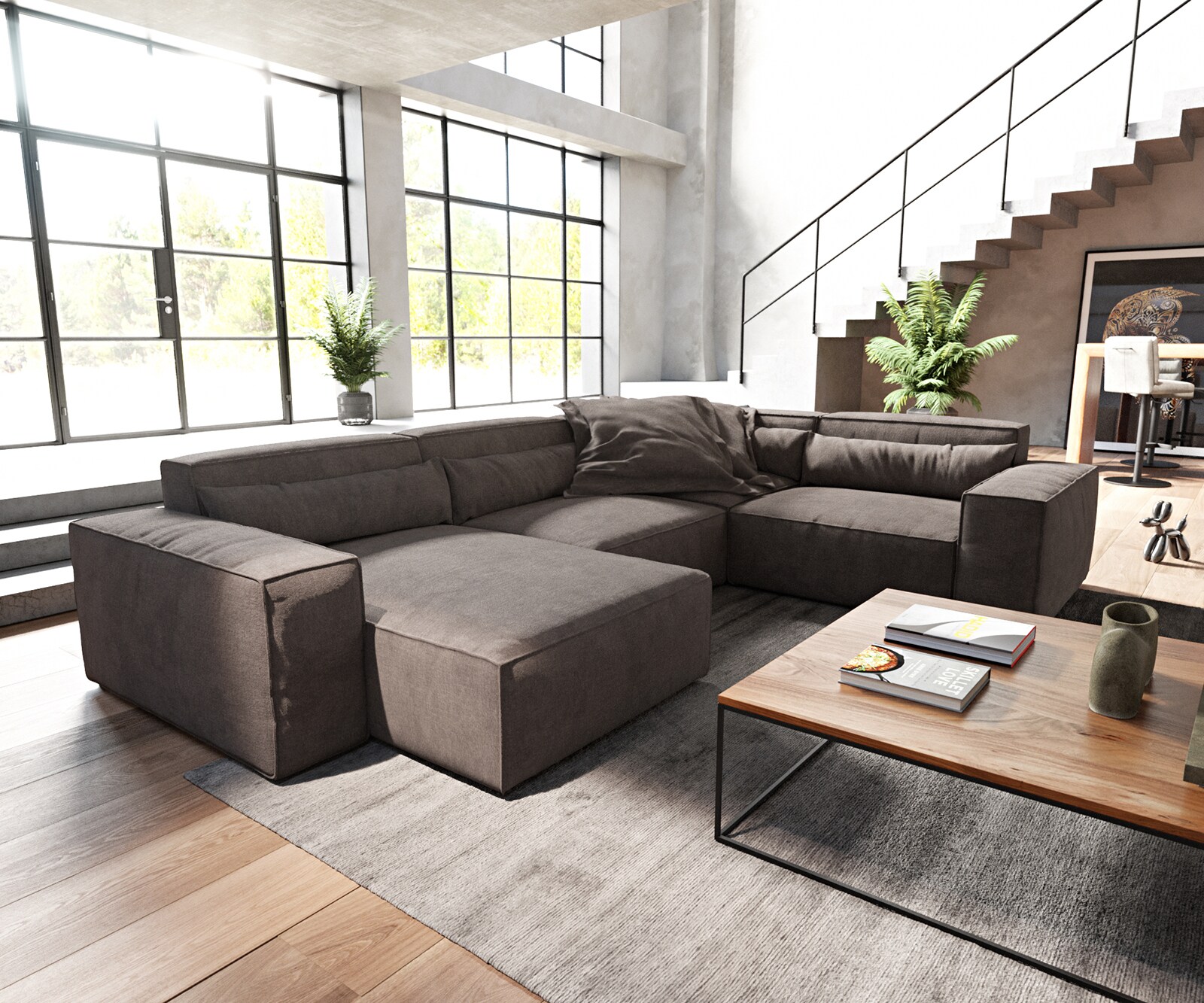 Woonkamerlandschap Sirpio 300x210 cm microvezel Khaki bruin recamiere variabele