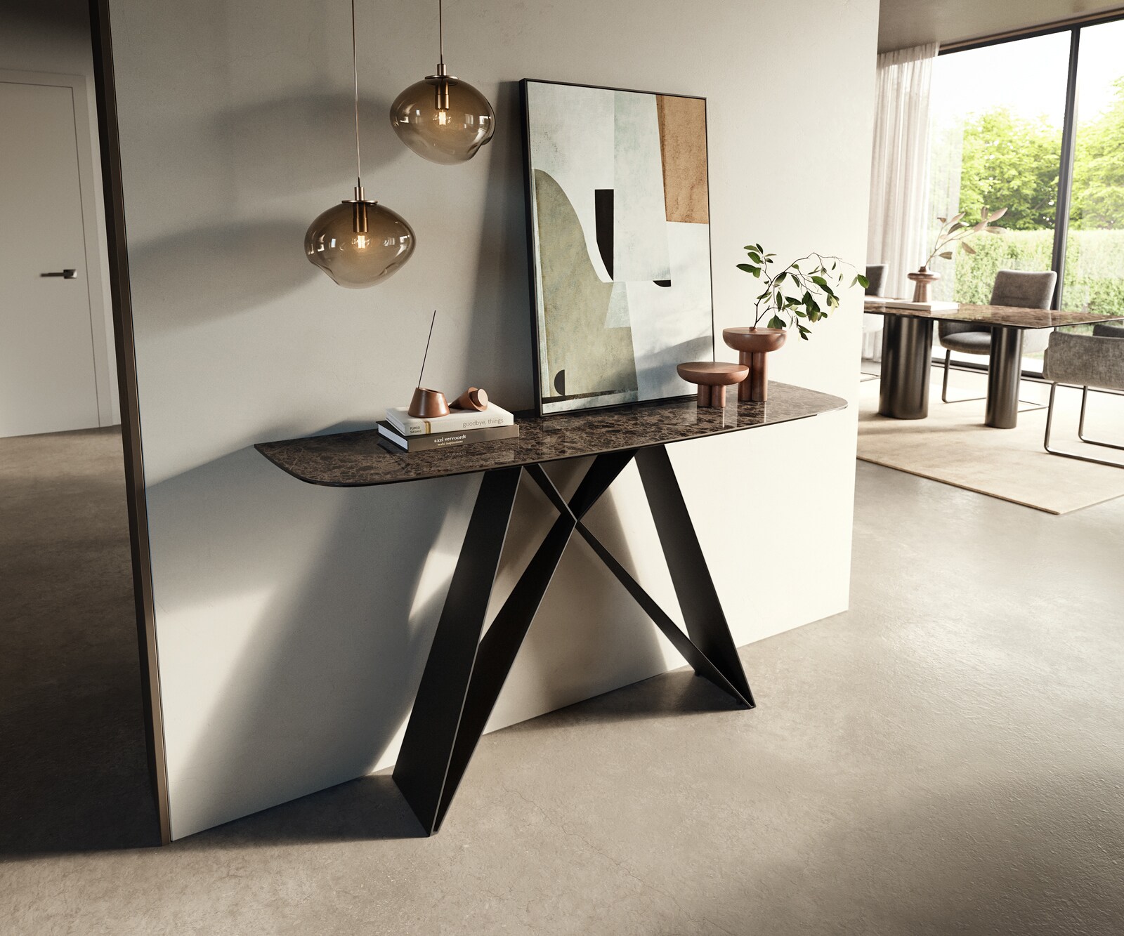 Consoletafel Edge Bootvorm 140x40 cm Keramiek Emperador Extra Lucidato Dunkelbraun Velio Metaal Zwart 3