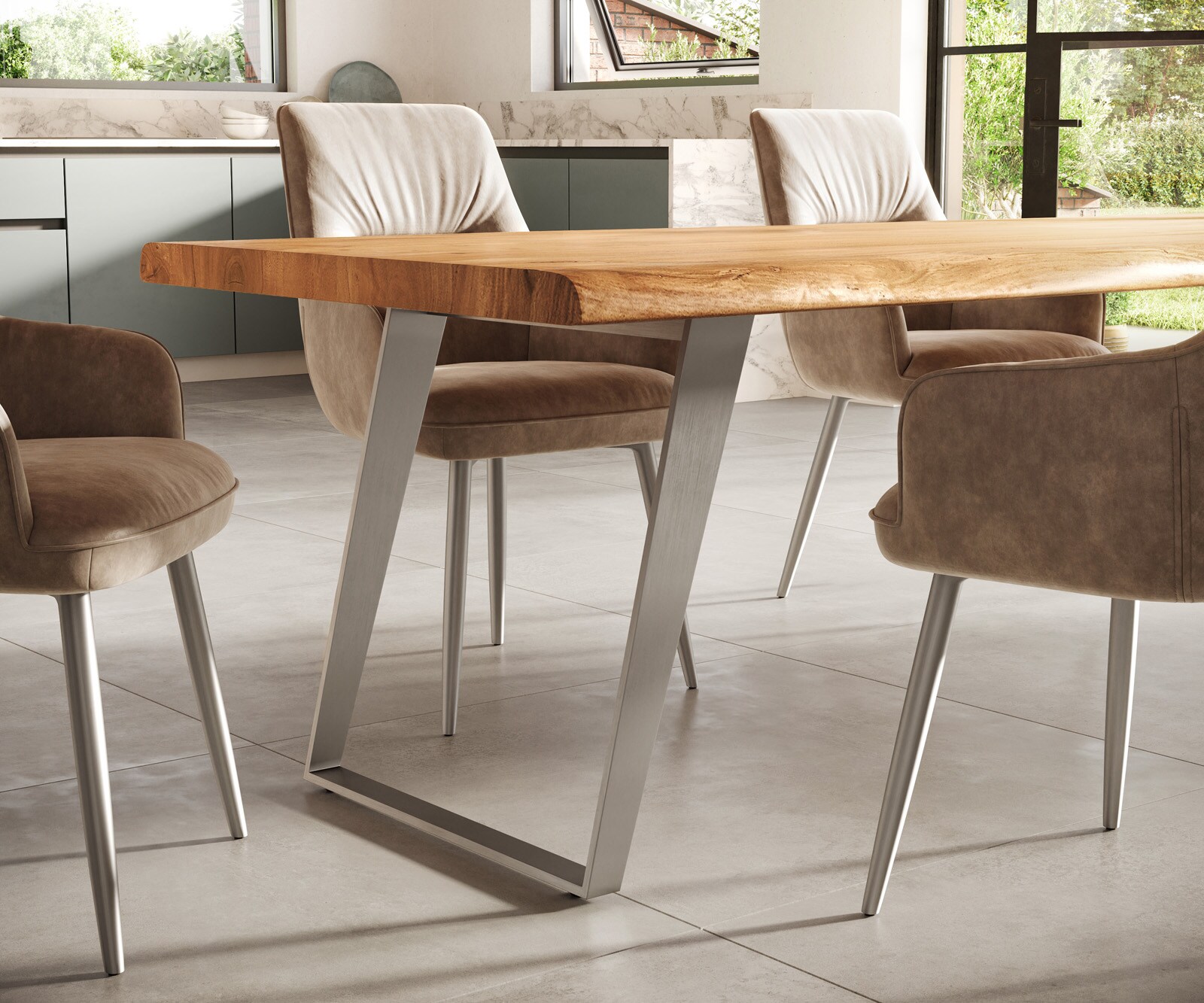 Eettafel Edge 300x100cm XL acacia natuur roestvrijstaal zilver schuin Live-Edge 5