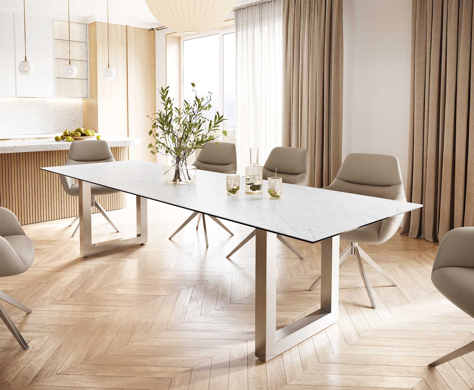 Eettafel Edge 300x100 keramiek Laminam® Statuarietto wit roestvrij staal breed