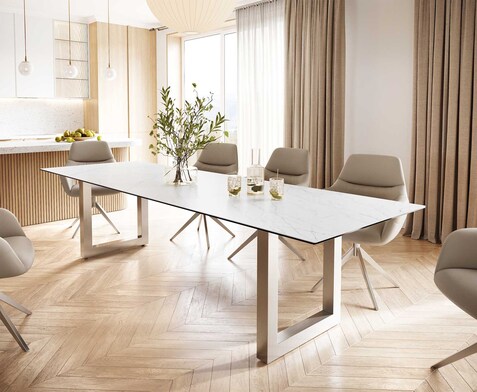 Eettafel Edge 300x100 keramiek Laminam® Statuarietto wit roestvrij staal breed