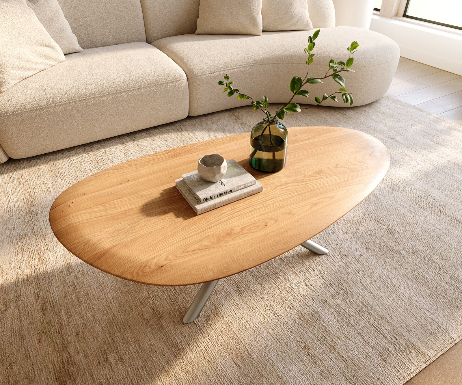 Salontafel Edge Oval 140x75 cm Eiken Naturel ronde rand Sarity geborsteld roestvrij staal 4