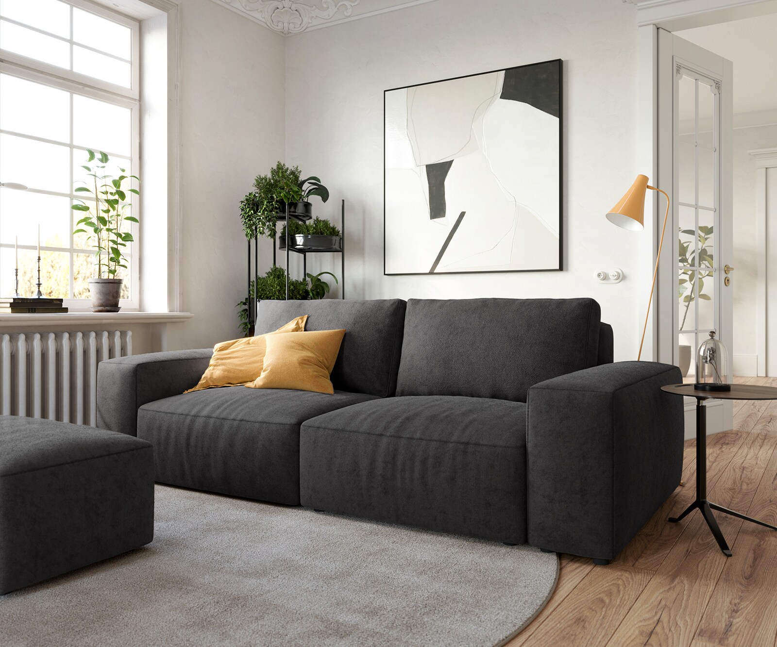 Big-sofa Lanzo 230x95 cm microvezel zwart met hocker