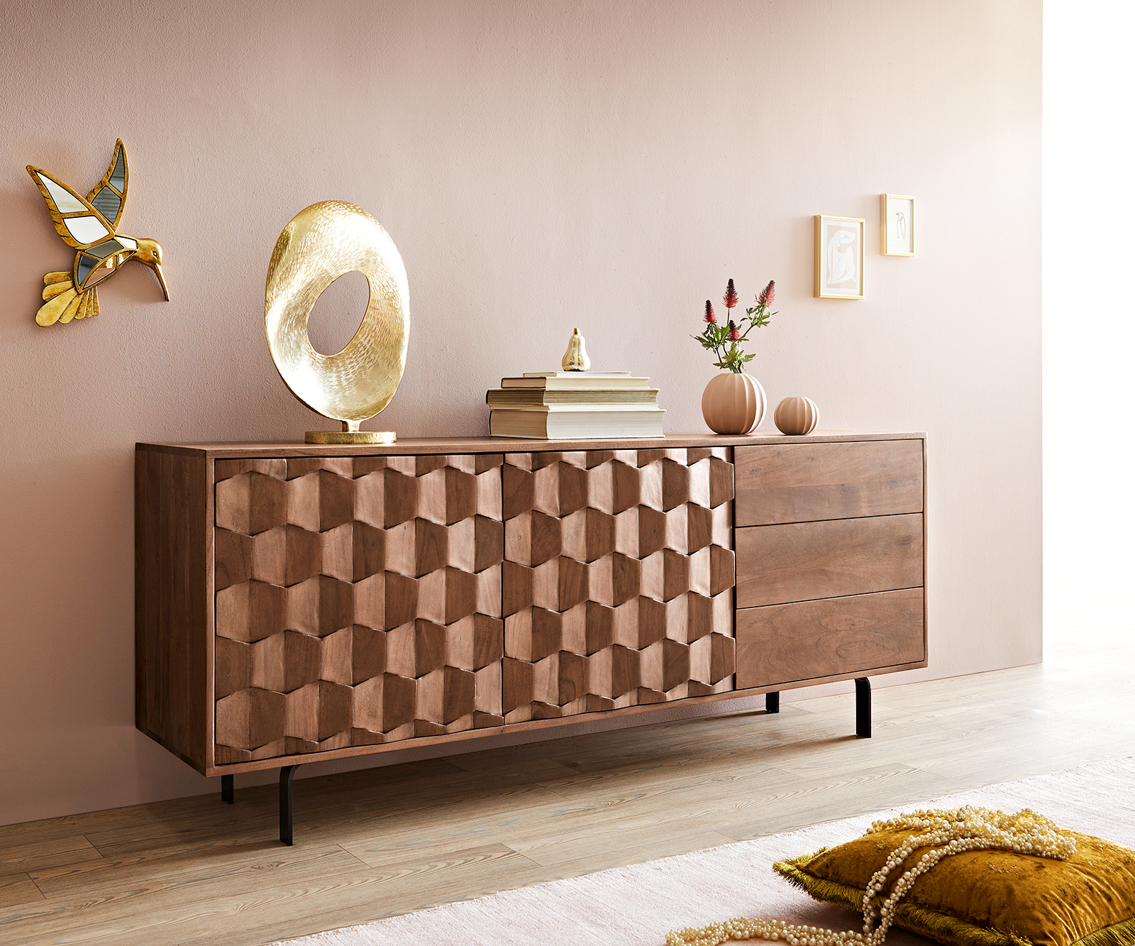Dressoir Fevo 175 cm Acacia bruin 2 deuren 3 schuifladen L-poot
