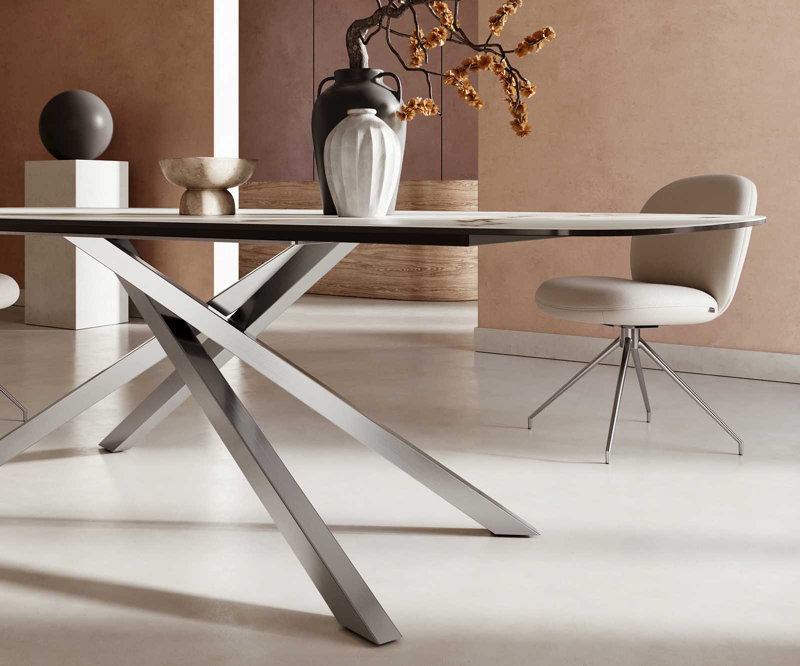 Eetkamertafel Edge Boot 240x120 keramiek Calacatta Luxe wit-goud-grijs kruisframe rechthoek RVS 5