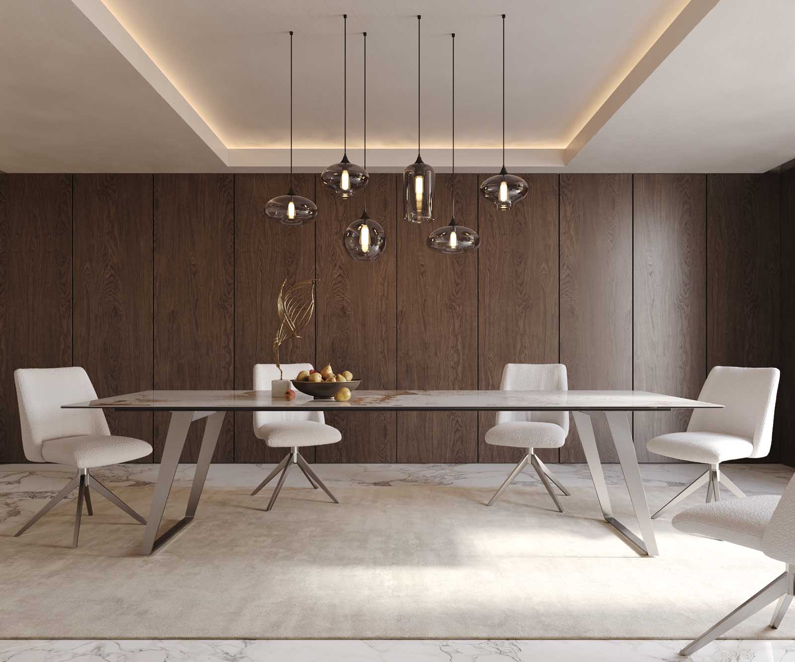 Eetkamertafel Edge 300x100 keramiek Minas Melange wit-beige RVS schuin 1