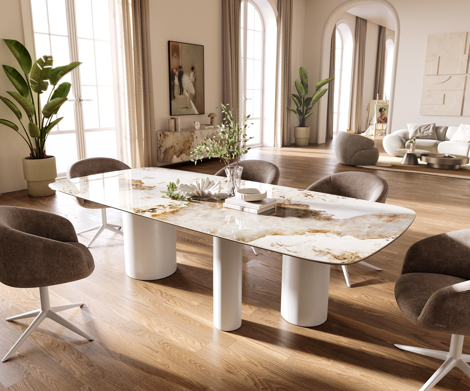 Eettafel Edge Boot 260x120 cm Keramiek Minas Melange Wit-Beige Troa Metaal Wit