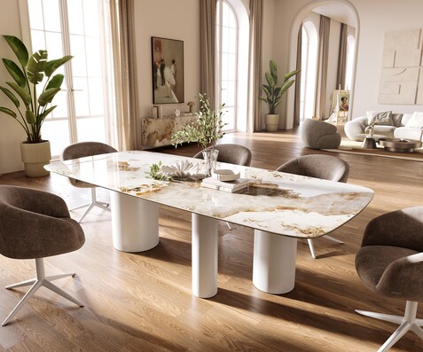 Eettafel Edge Boot 260x120 cm Keramiek Minas Melange Wit-Beige Troa Metaal Wit