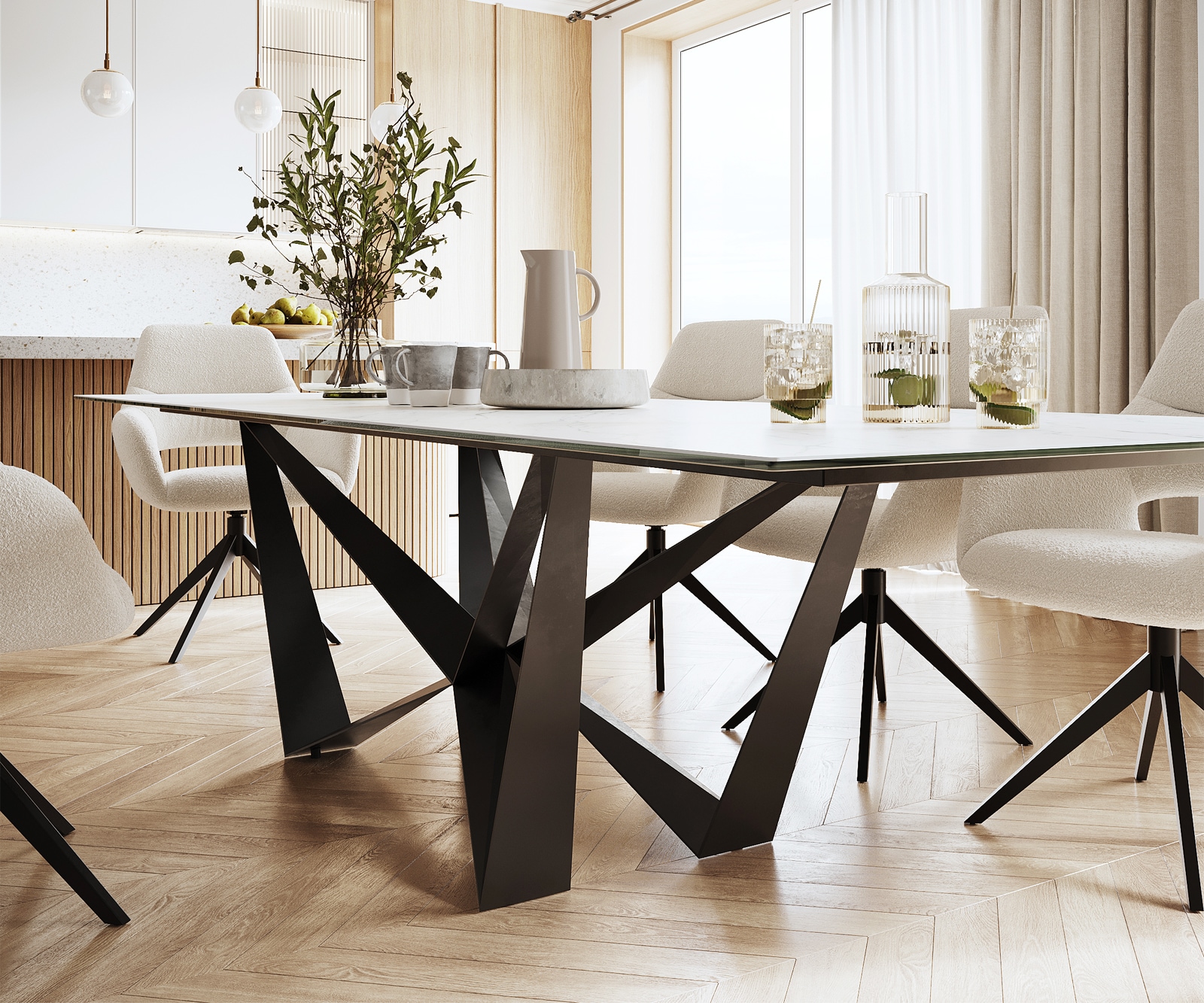 Eettafel Edge 300x100cm Laminam® keramiek wit middenpoot vlak staal zwart 3 Eettafel Edge 300x100cm Laminam® keramiek wit middenpoot vlak staal zwart 3