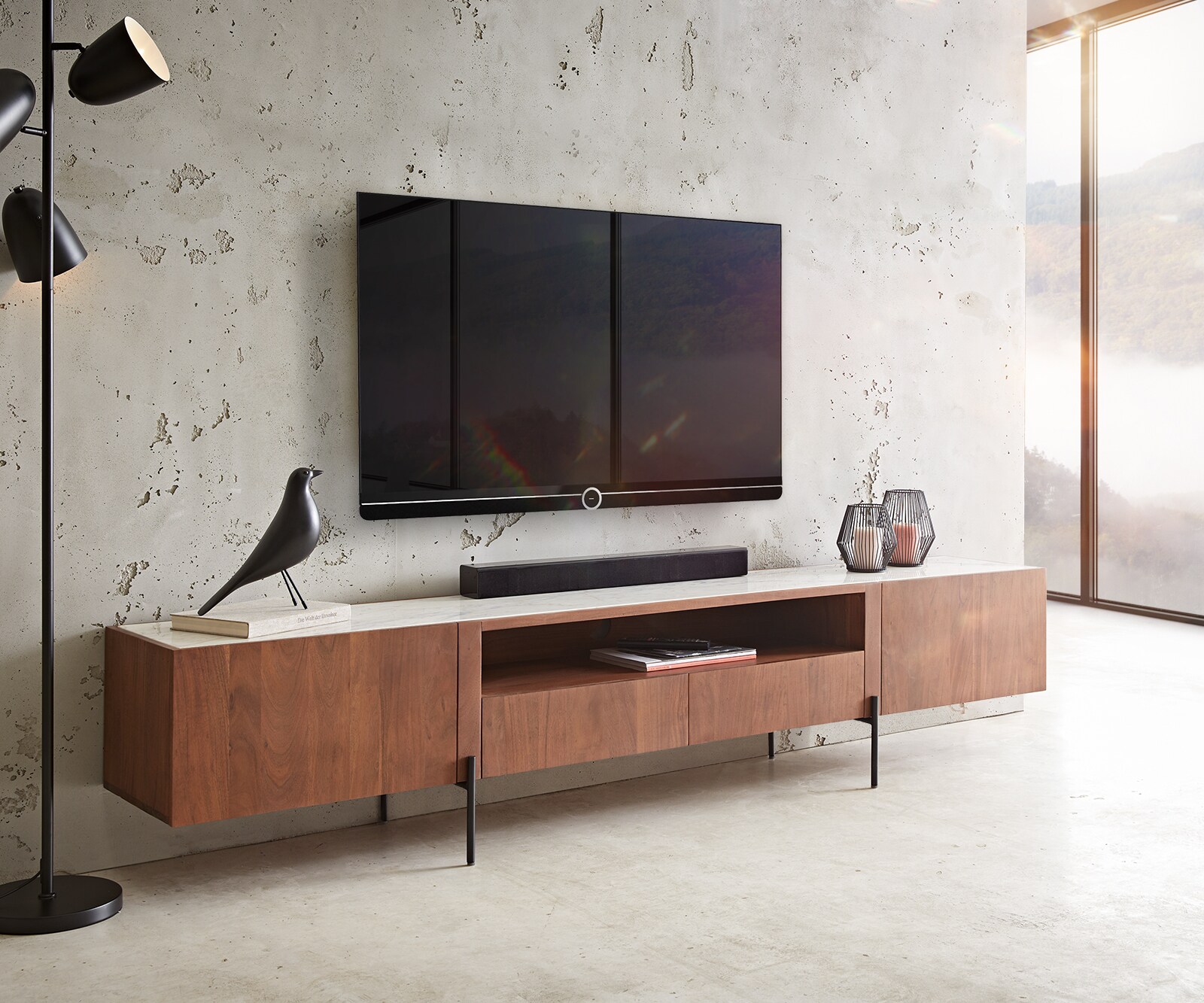 TV-meubel Secara 220 cm acacia bruin 2 deuren 2 laden marmeren poten zwart 1