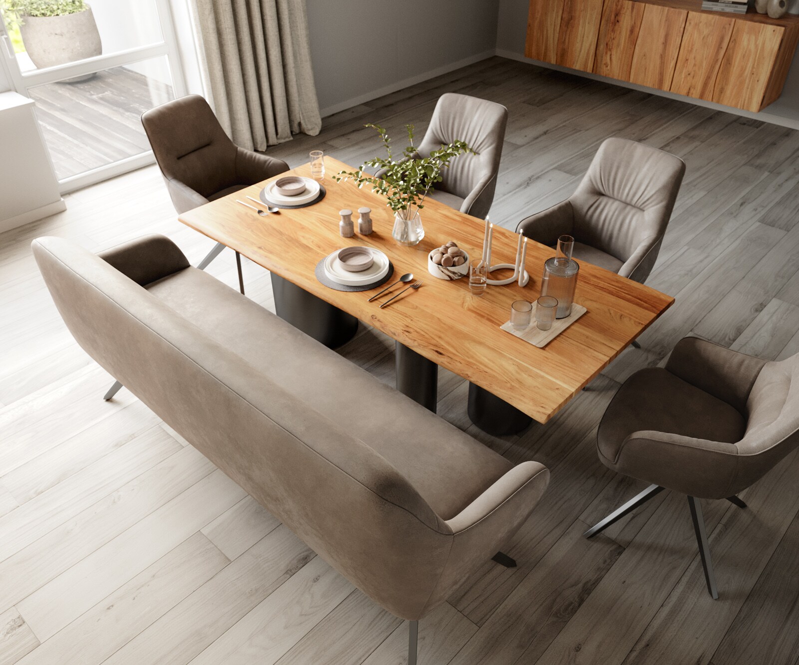 Eetkamerbank Taya-Flex 200 cm microvelours taupe vintage hoekig kruisframe grafiet pocketvering 3