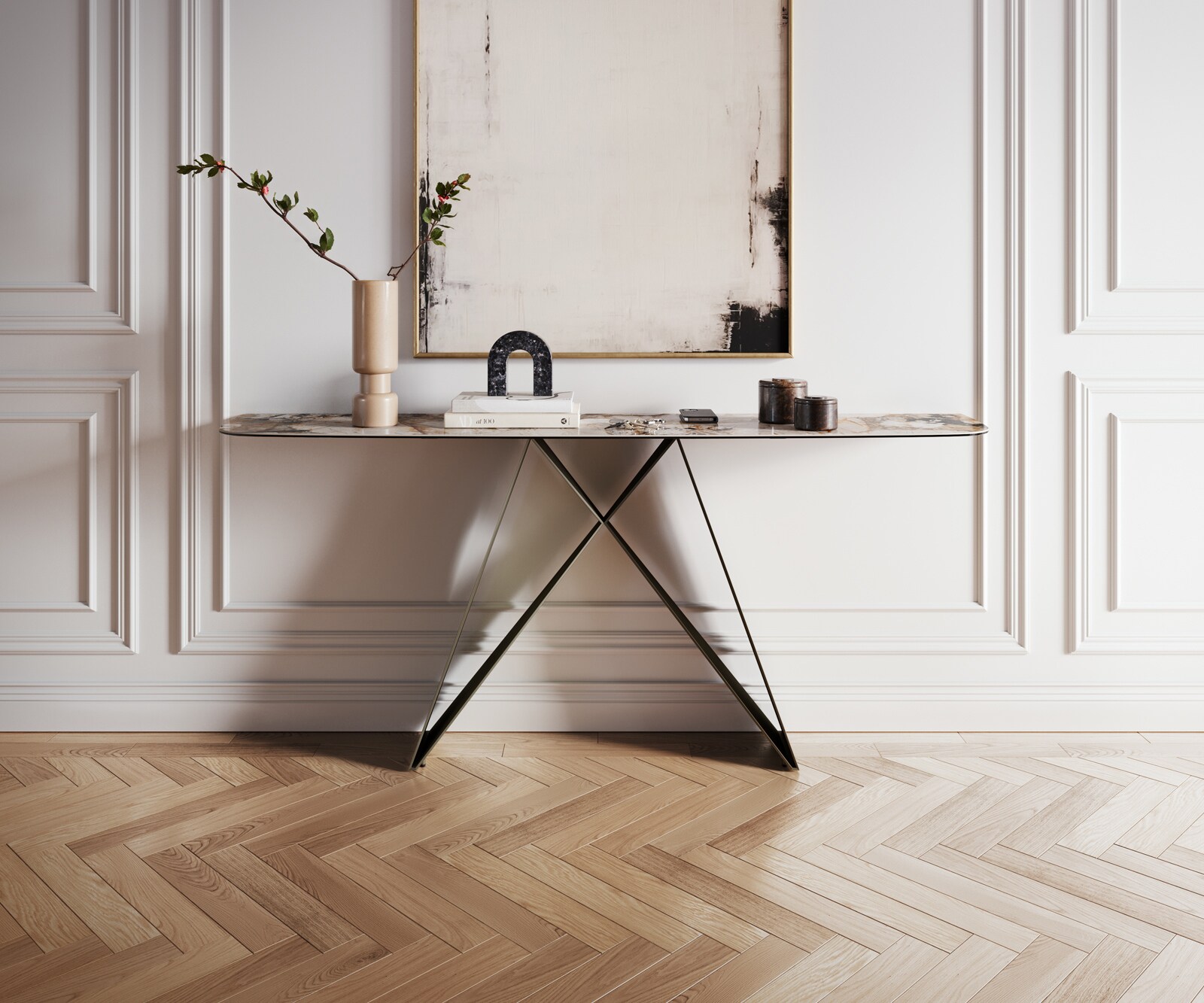 Consoletafel Edge Bootvorm 180x40 cm Keramiek Patagonia Poliert Velio Metaal Effektfinish Titan 2
