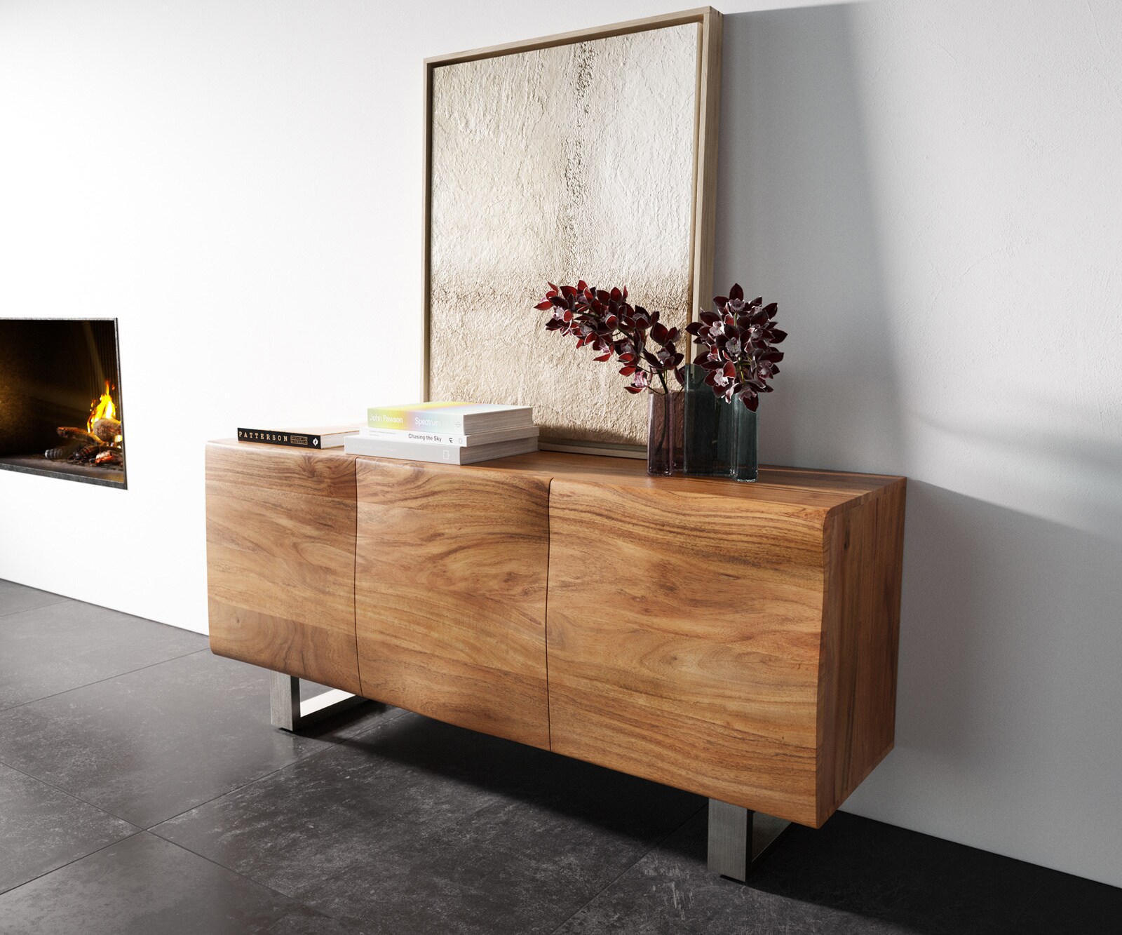 Dressoir New Live-Edge 145 cm acacia natuur 3 deuren sledepoot RVS geborsteld