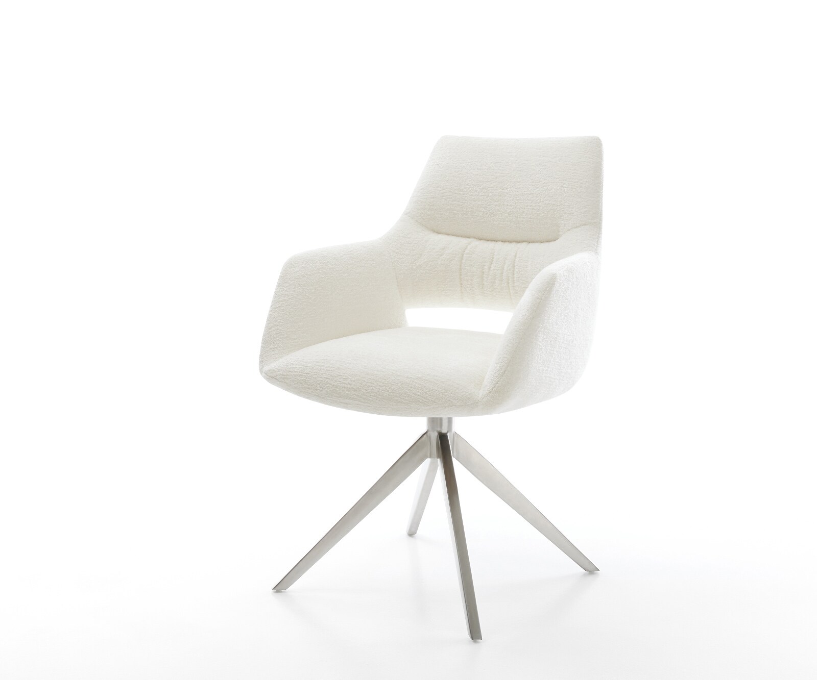 Draaistoel Yago-Flex met armleuning bouclé zacht beige kruisframe breed roestvrij staal 360° draaibaar rocker-functie pocketveer kern 1