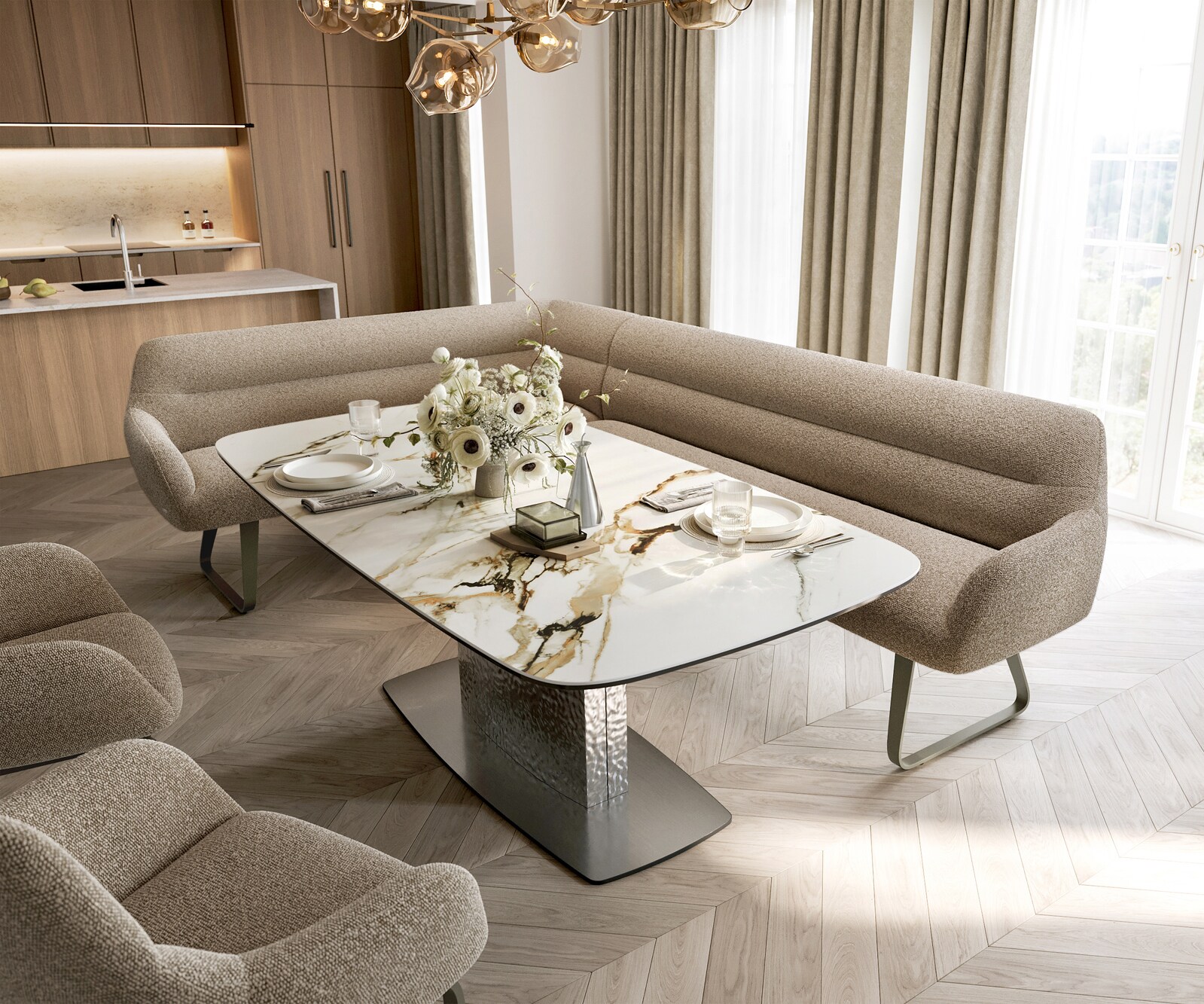 Eetkamerbank Taya-Flex 285x190 cm bouclé mud platte sledebasis afwerking met titaniumeffect pocketvering rechts 1