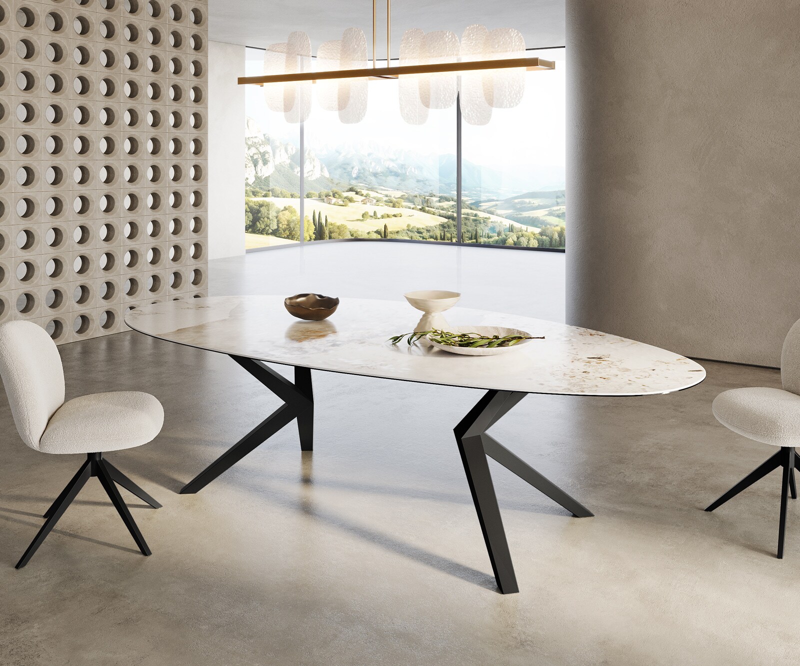 Eetkamertafel Edge ovaal 280x130 keramiek Minas Melange wit-Beige Zenthara hoekig metaal zwart 3