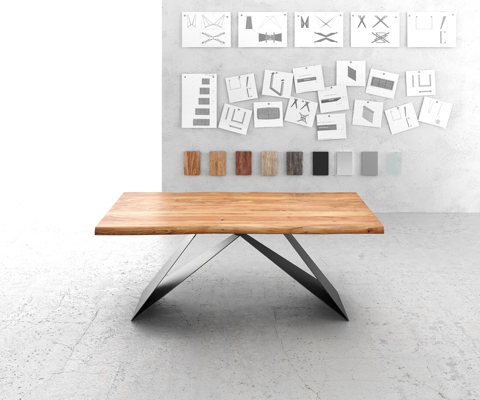 Eettafel Edge 200x100 XL acacia natuur V-frame vlakstaal zwart Live-Edge 2