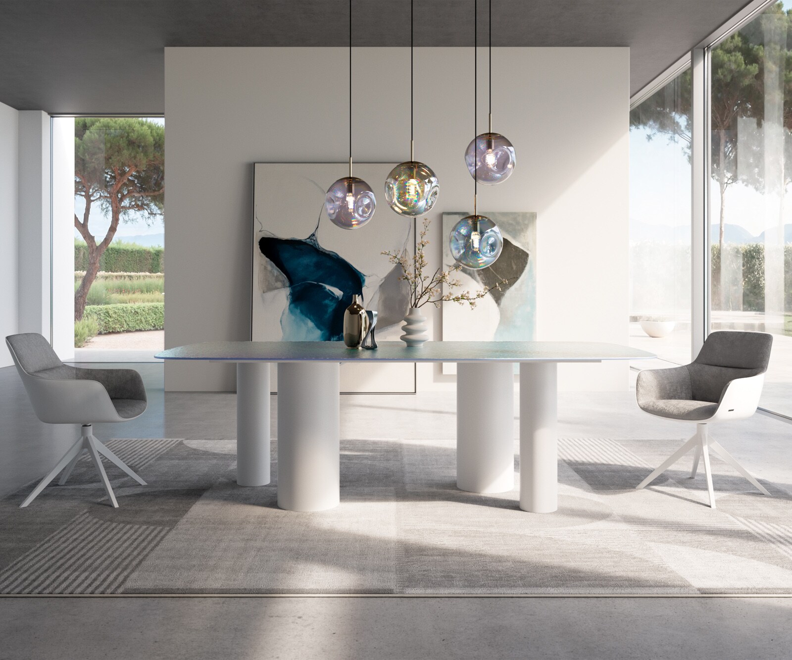 Eettafel Edge Boot 240x120 Reliefglas Perlmutt 3D-Design Pilier metaal wit