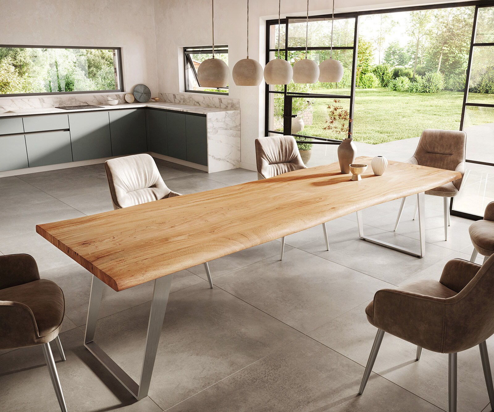 Eettafel Edge 300x100cm acacia natuur roestvrijstaal zilver schuin Live-Edge 1